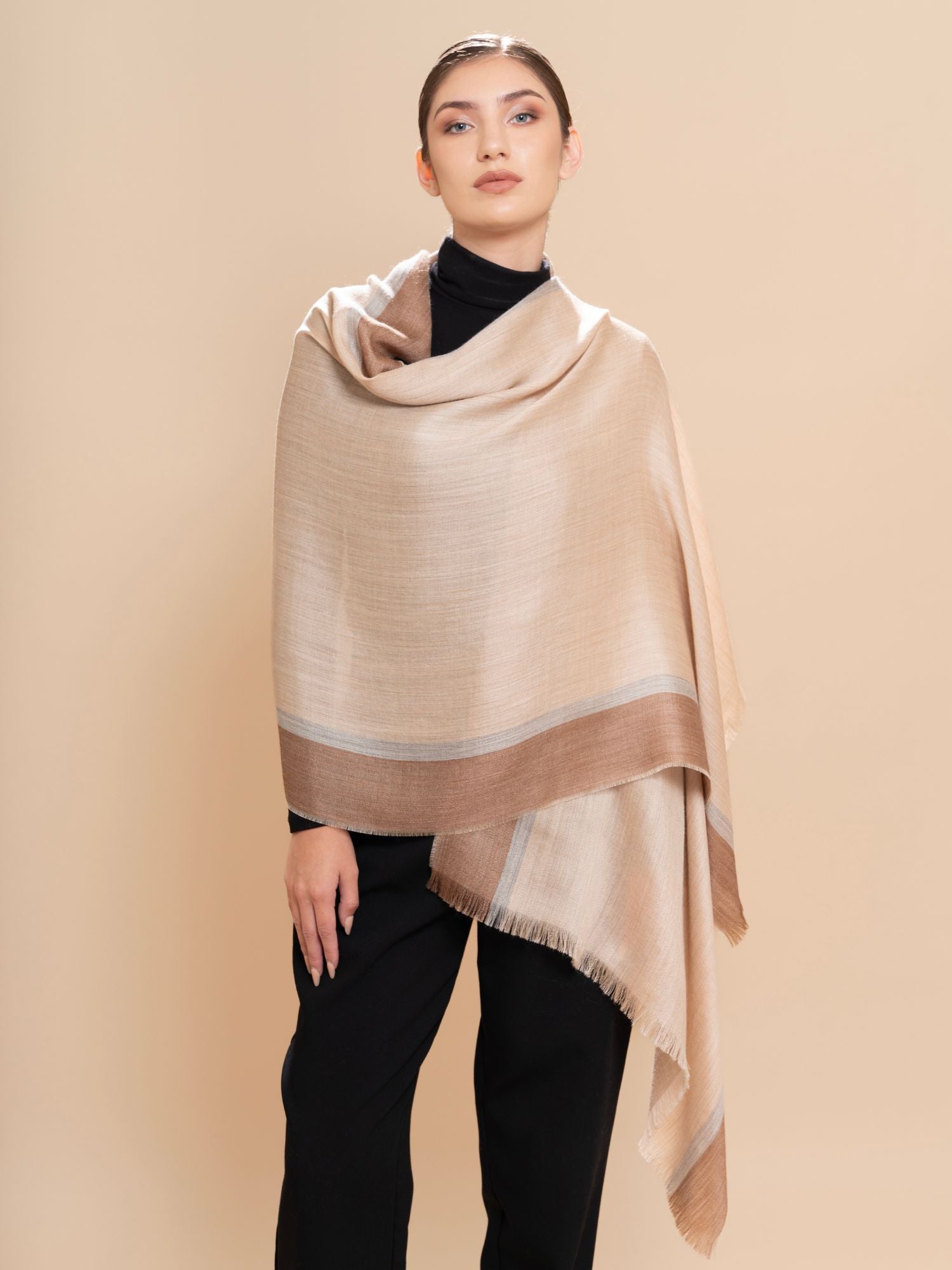 Baby Alpaca Wool and Silk Shawl – Beige and Camel – Degradé Undyed