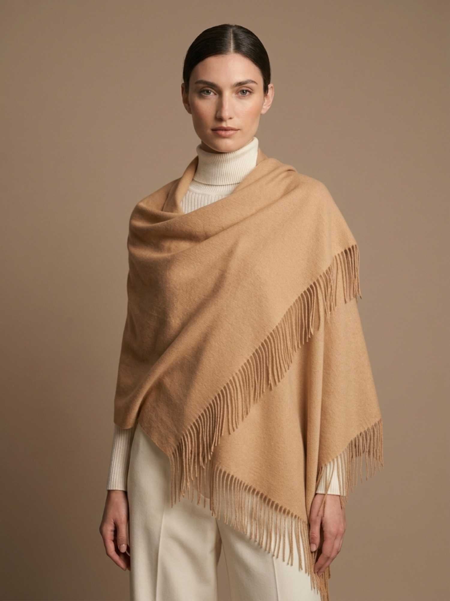 Beige baby alpaca shawl worn as wrap – softer than cashmere, undyed and handmade in Peru | Orange Inca