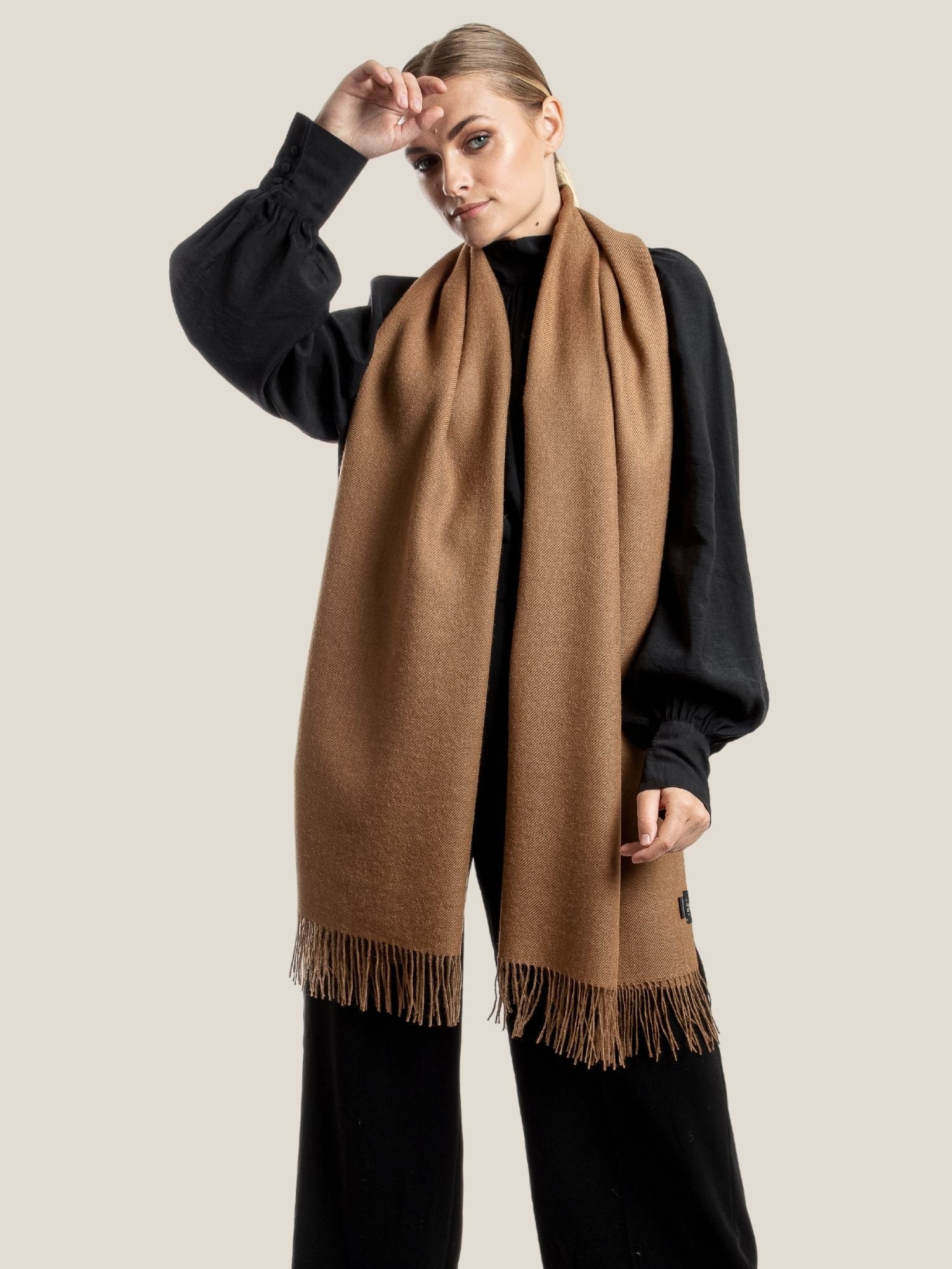Premium baby alpaca wool shawl solid in camel - luxury sustainable wrap
