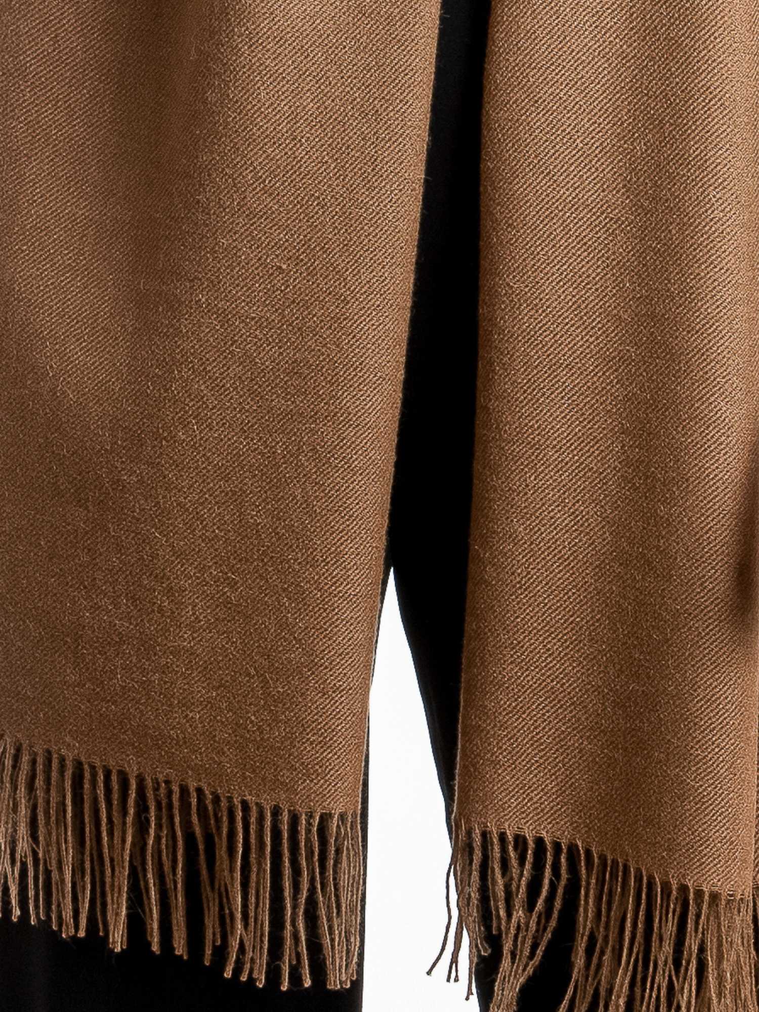 Camel baby alpaca shawl draped to show full length and fringed ends | Orange Inca