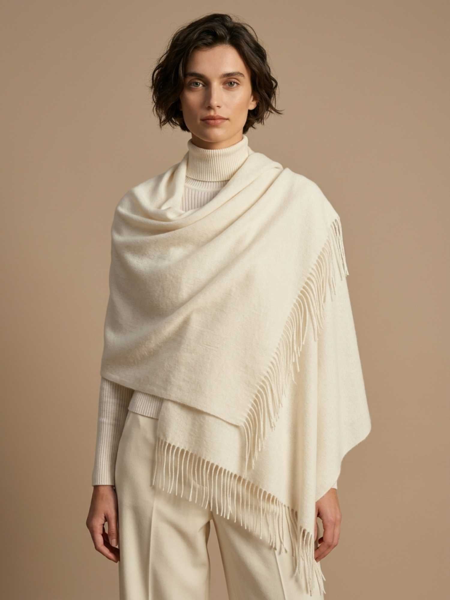 Ivory baby alpaca shawl worn as wrap – softer than cashmere, undyed and handmade in Peru | Orange Inca