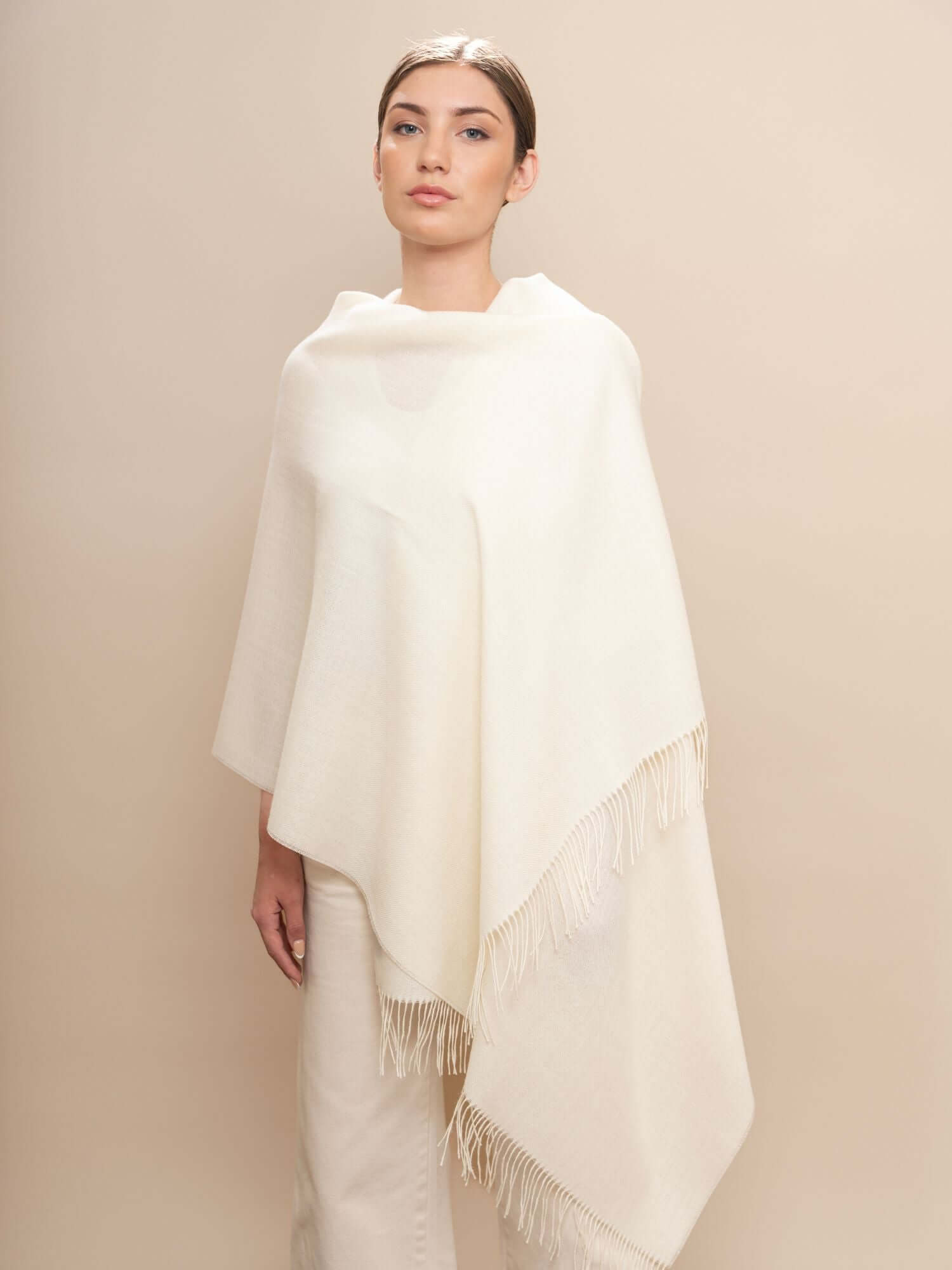 Premium baby alpaca wool shawl plaid style in ivory - luxury sustainable wrap