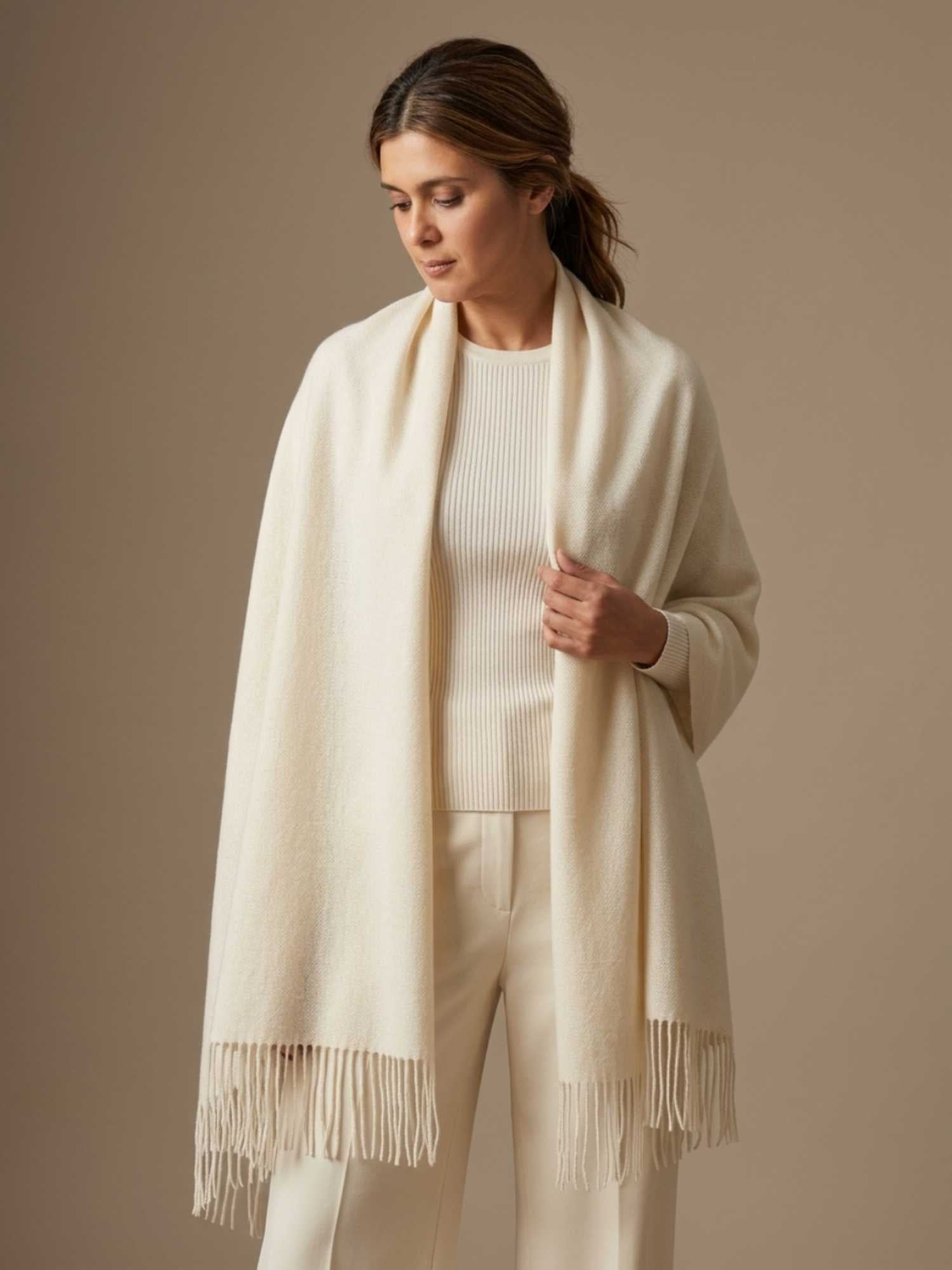 Ivory baby alpaca shawl worn open over shoulders – versatile year-round styling | Orange Inca