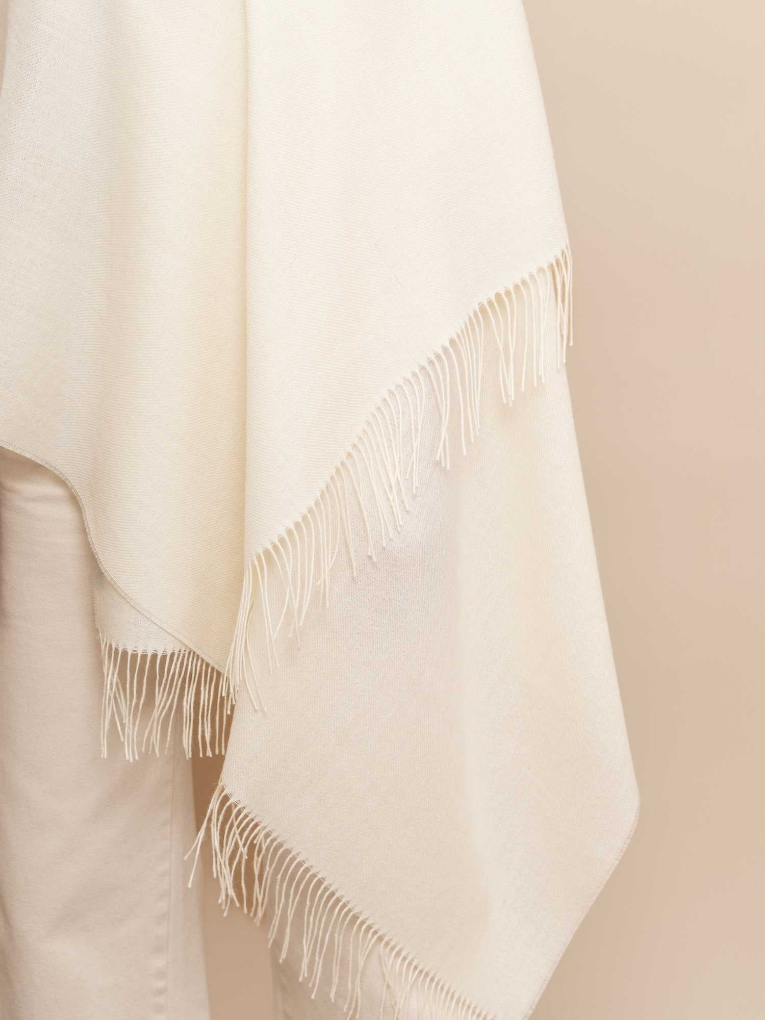 Ivory baby alpaca shawl draped to show full length and fringed ends | Orange Inca