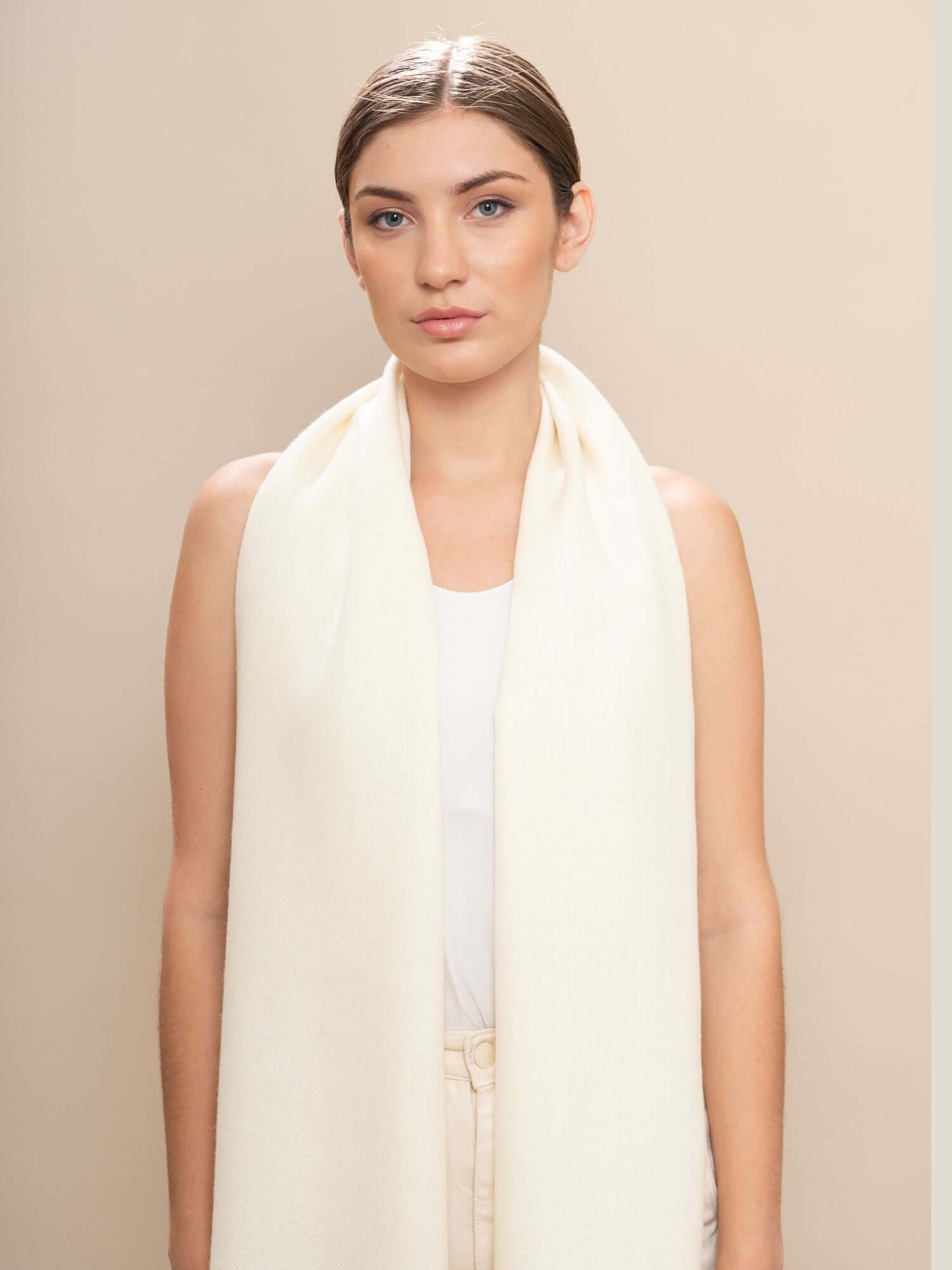 Ivory Premium wool shawl worn as everyday accessory showing versatile styling