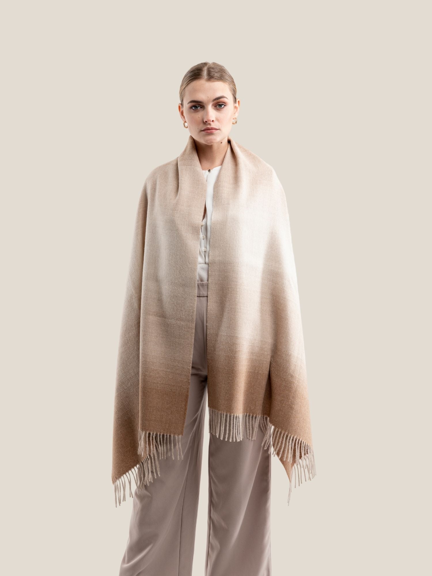 Premium baby alpaca wool shawl degrade style in beige, camel and brown - luxury sustainable wrap