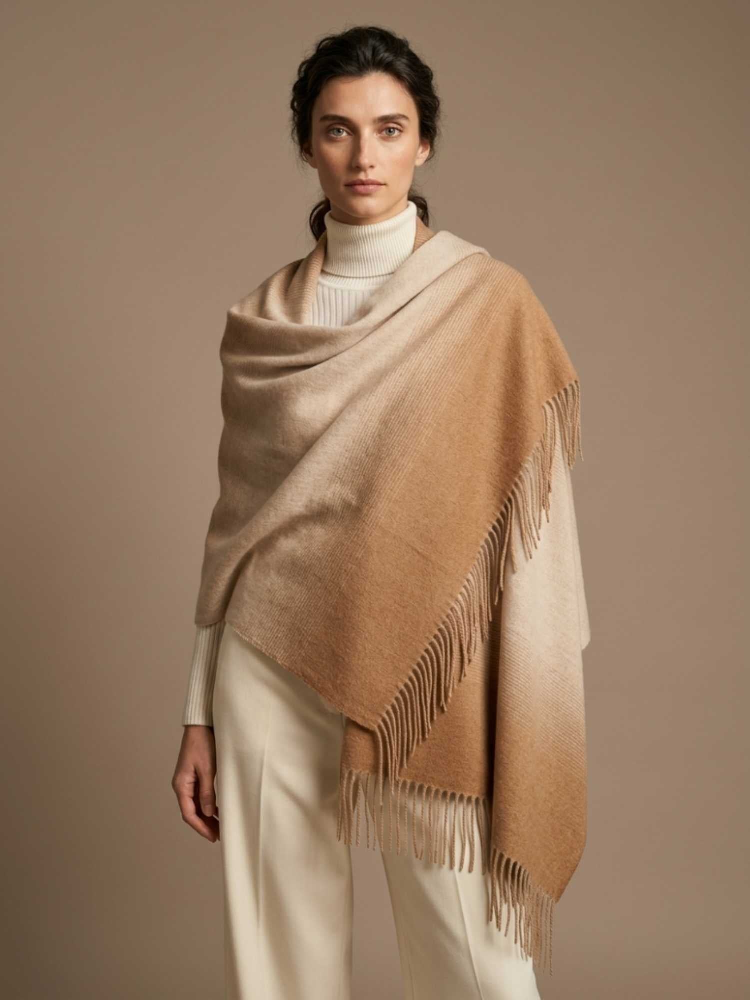 Beige and camel ombre baby alpaca shawl worn as wrap – undyed natural fibre, handmade in Peru | Orange Inca