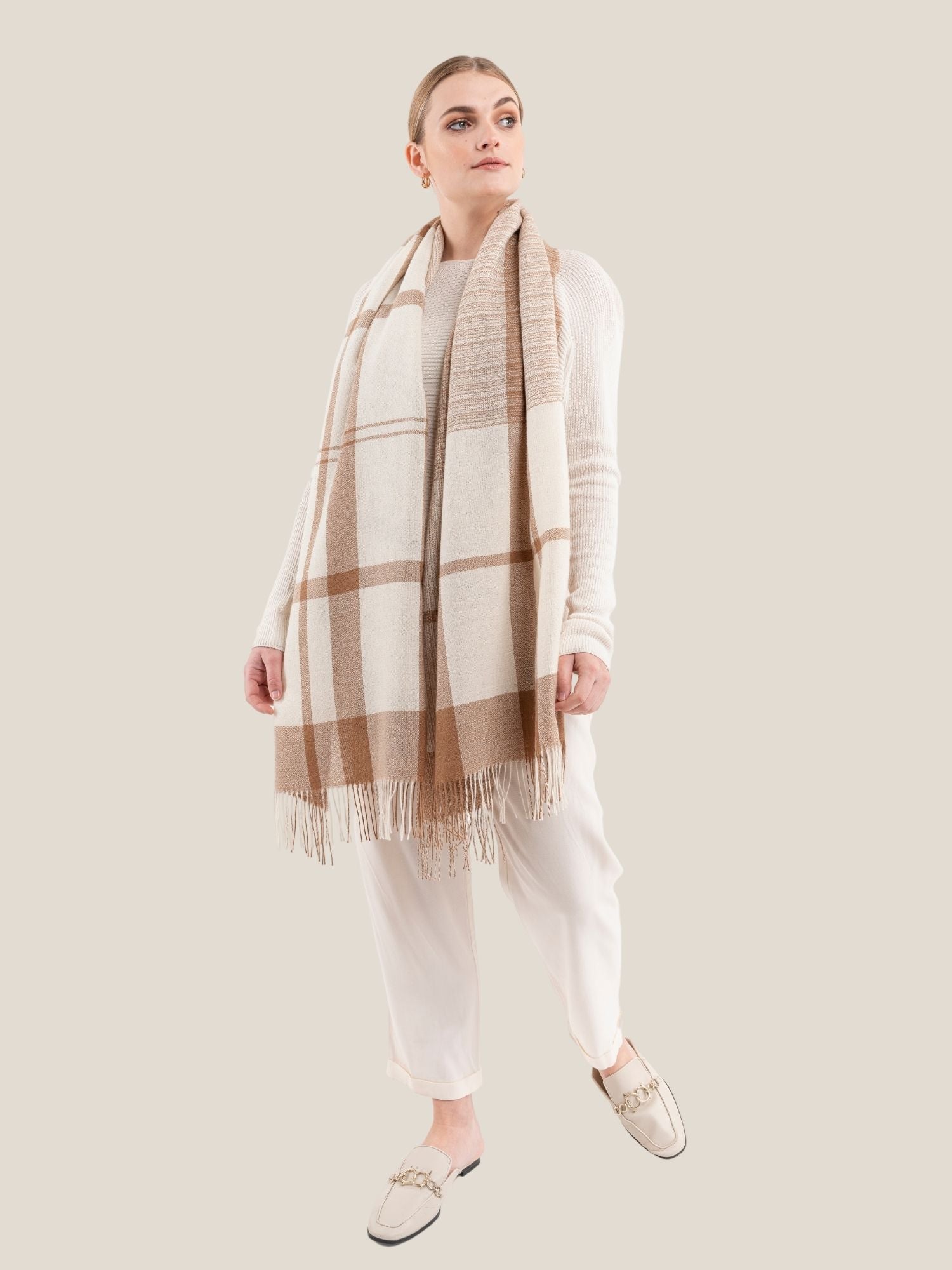 Camel Brown and White alpaca wool shawl draped to show full length and drape, plaid style