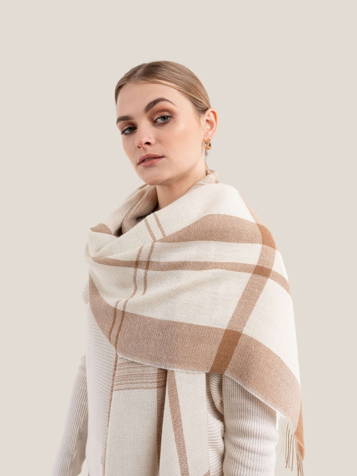 Camel and White Premium wool shawl worn as everyday accessory showing versatile styling, plaid style