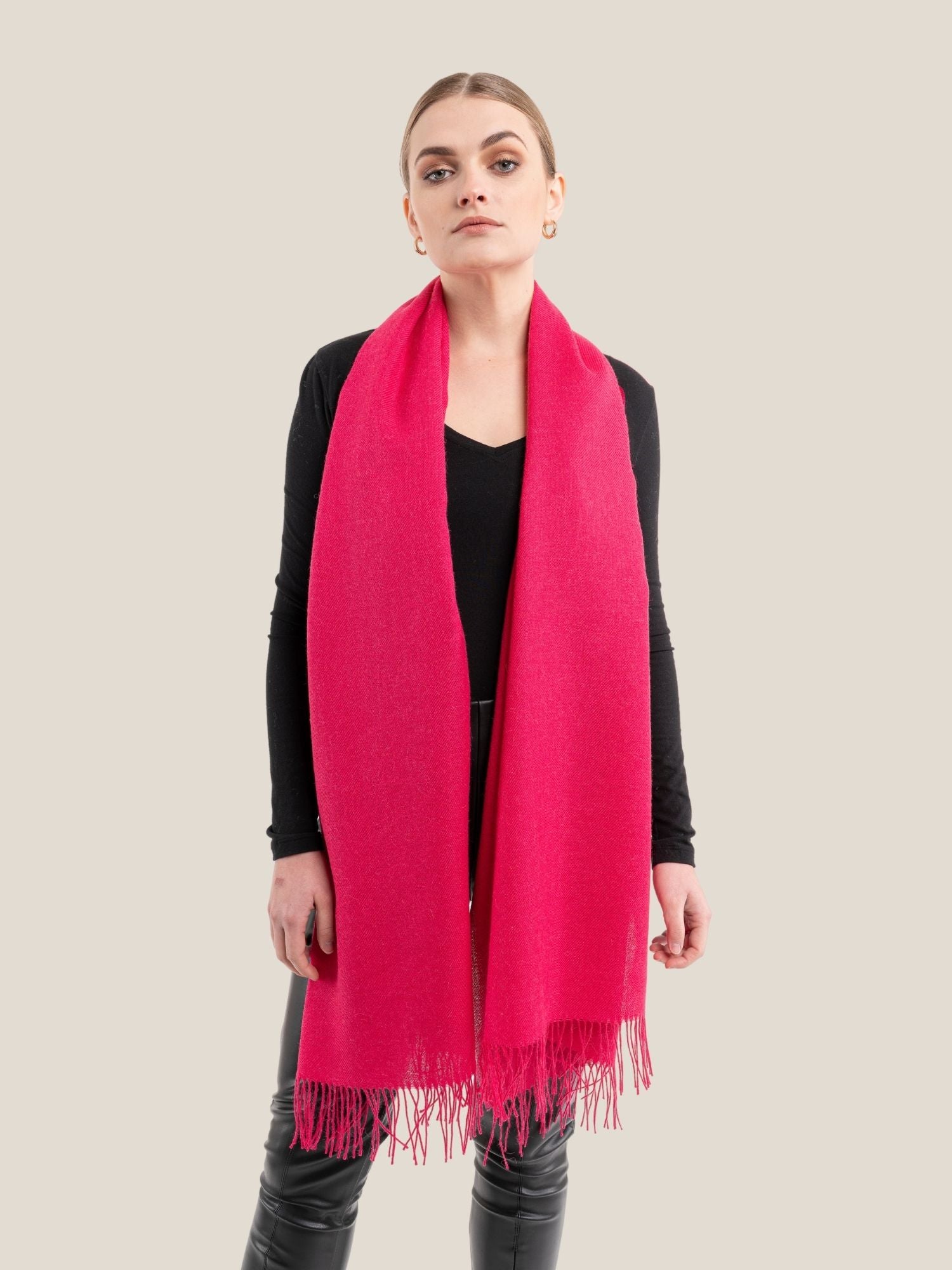 Fuchsia alpaca wool shawl draped to show full length and drape