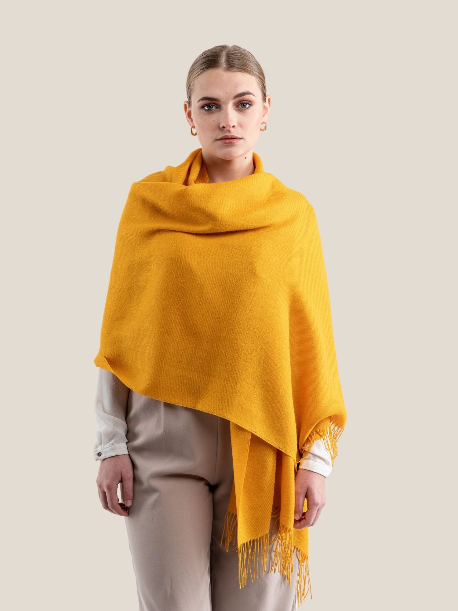 Yellow Premium wool shawl worn as everyday accessory showing versatile styling