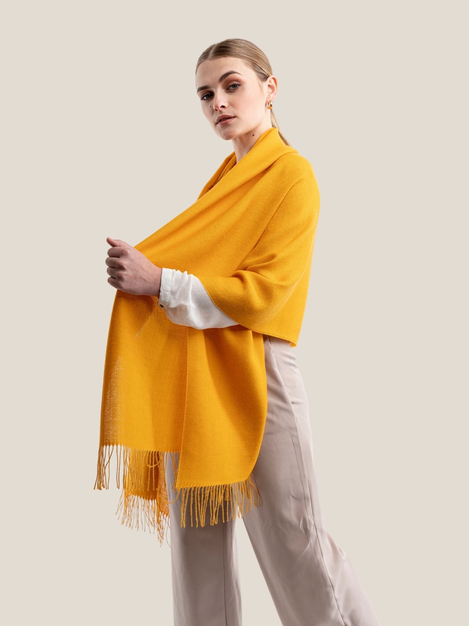 Premium baby alpaca wool shawl solid in yellow - luxury sustainable wrap