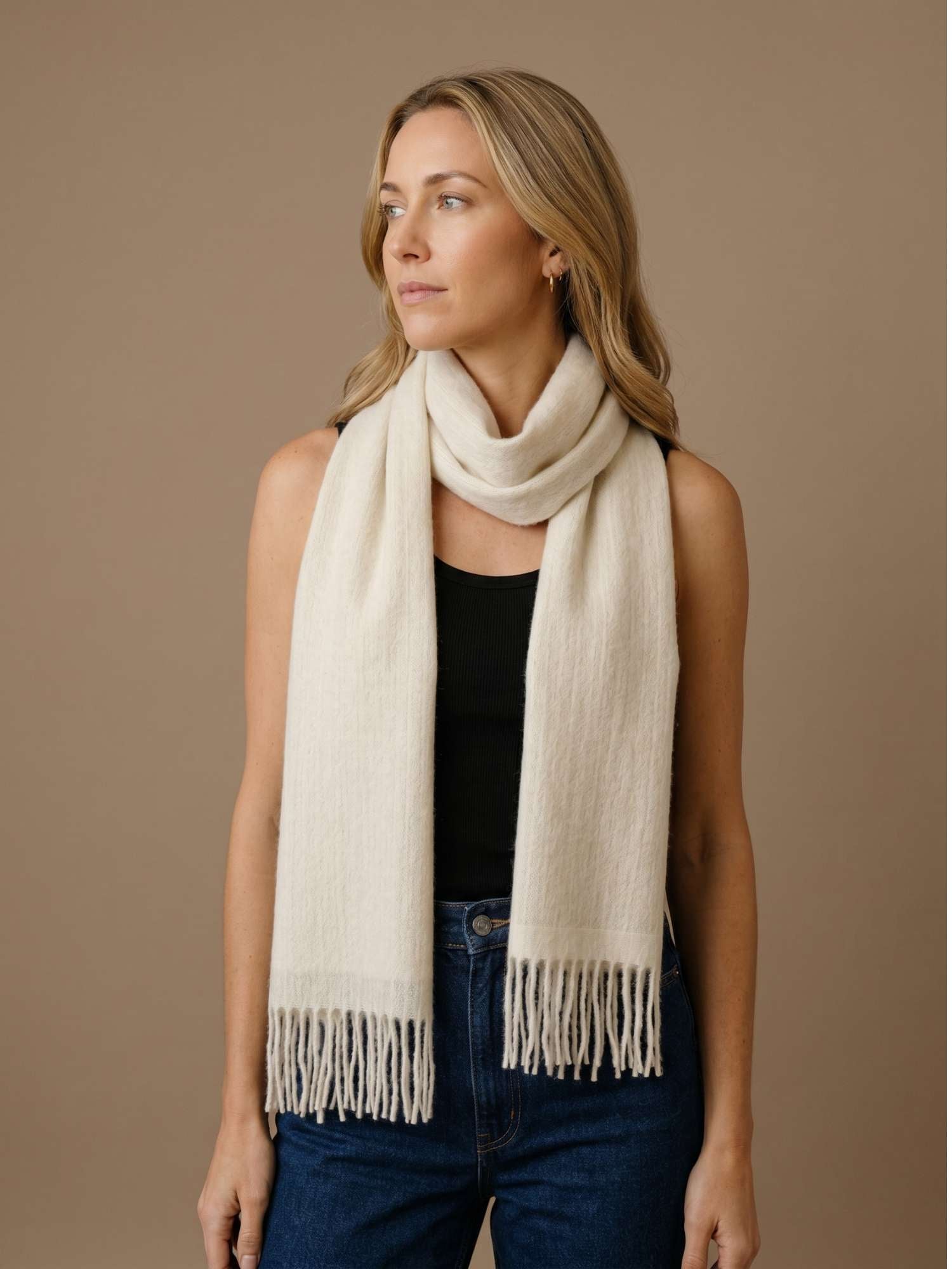 Light grey and white reversible baby alpaca scarf worn — double-faced weave, two looks in one | Orange Inca