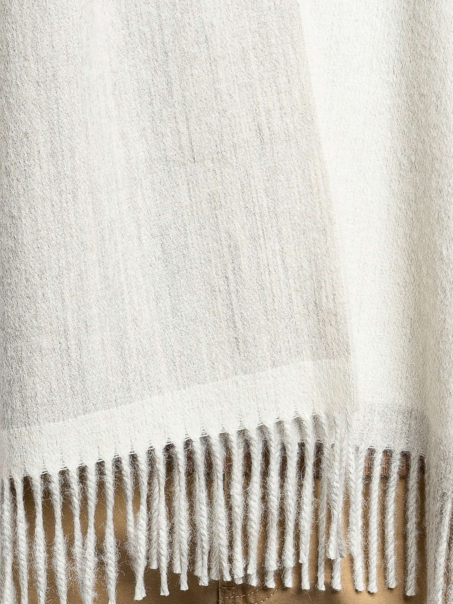 Close-up of light grey and white reversible baby alpaca scarf — undyed natural fibre tones | Orange Inca