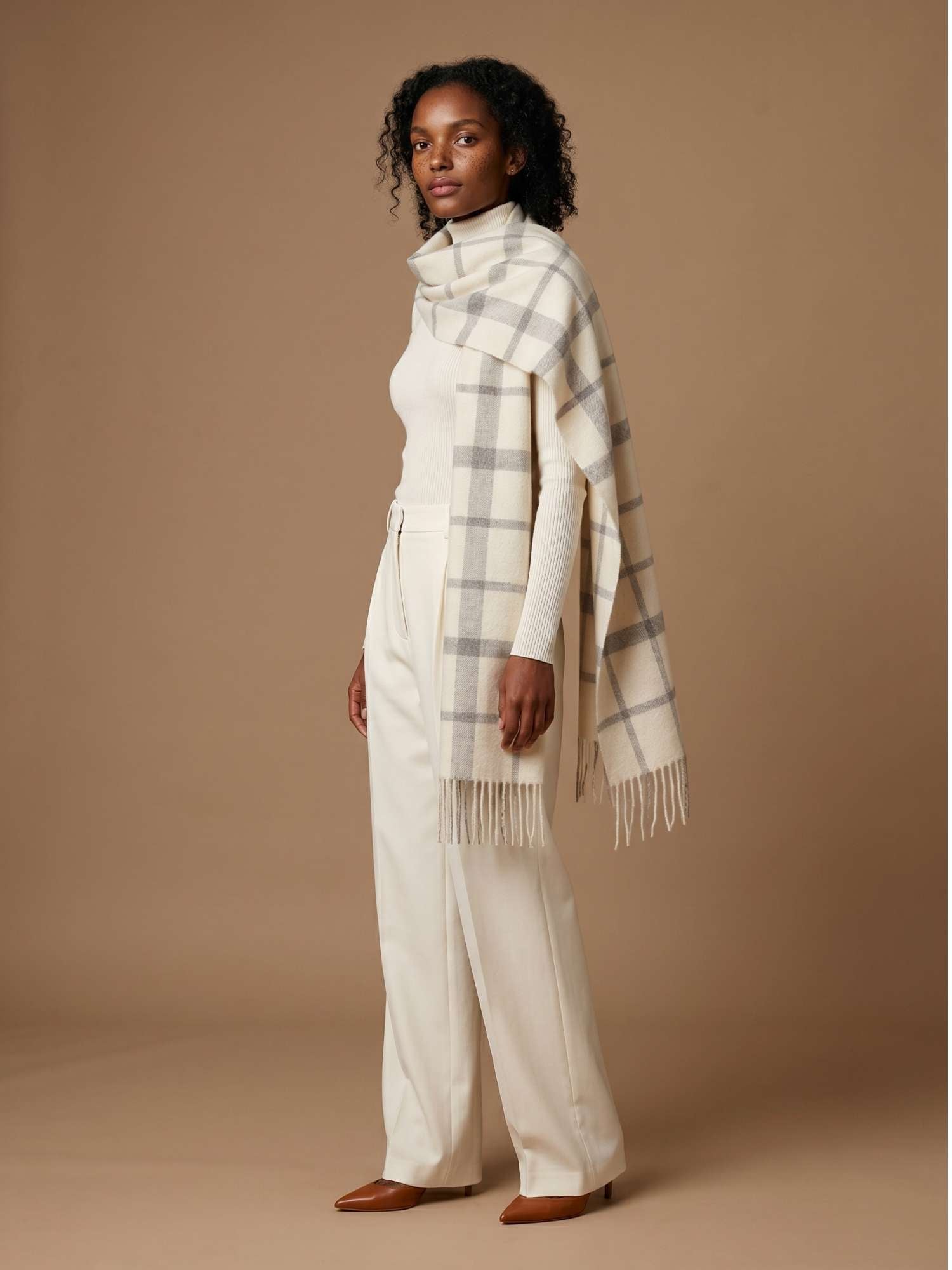 White and grey plaid baby alpaca scarf worn — undyed plaid woven into the structure, handmade in Peru | Orange Inca