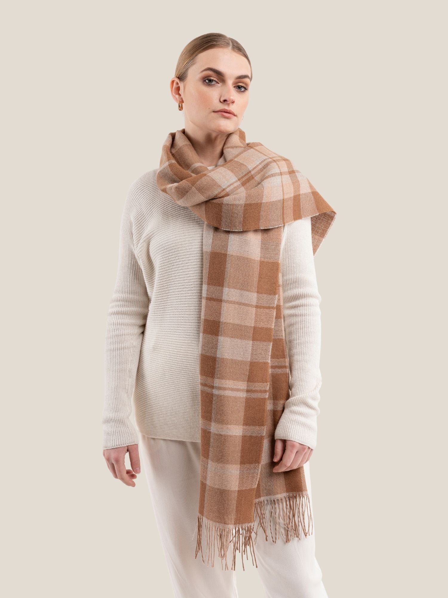 Premium baby alpaca wool shawl plaid style in camel brown and beige - luxury sustainable wrap