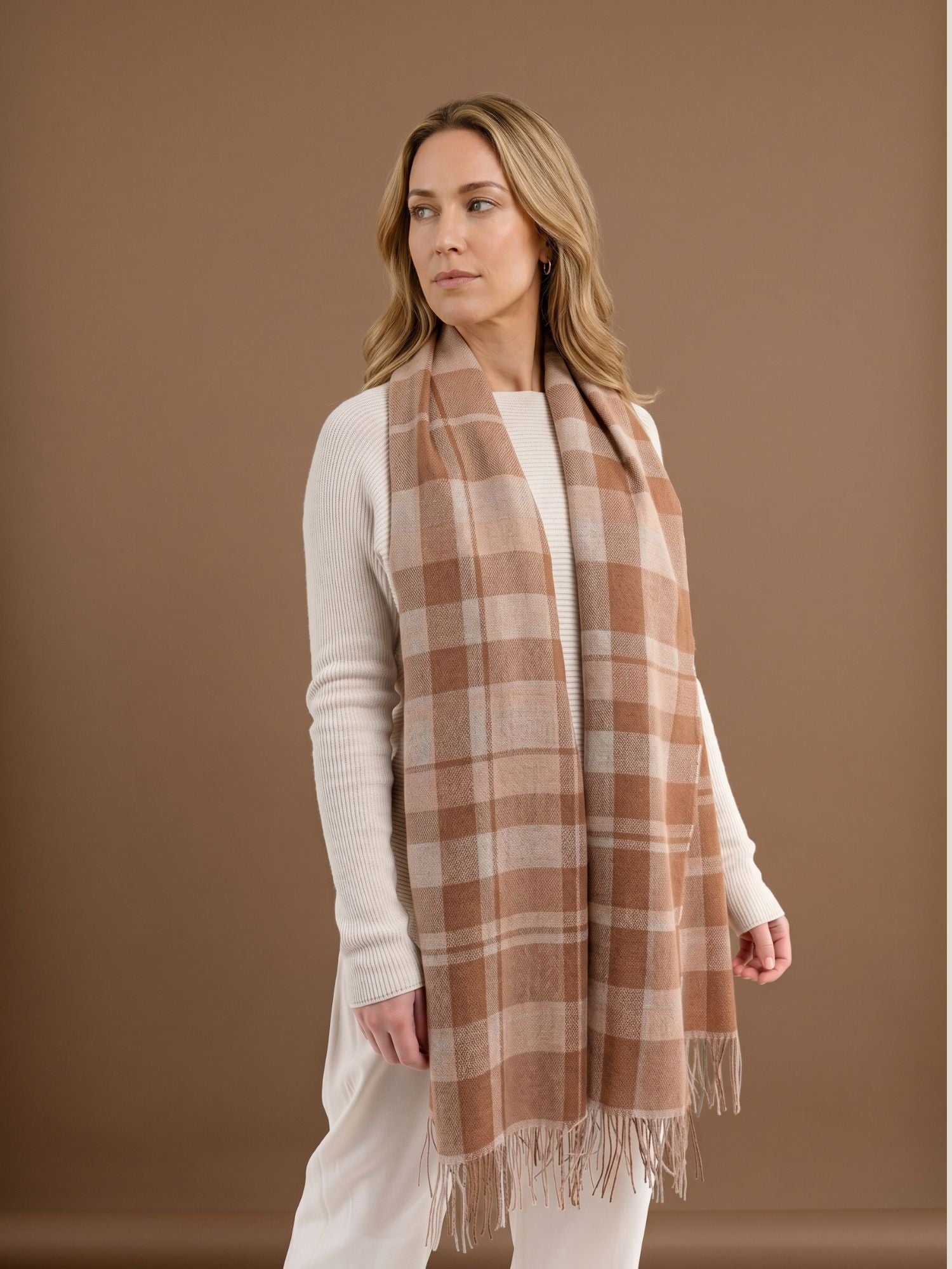 Camel and beige plaid baby alpaca shawl worn as a scarf – full length with fringe detail, handmade in Peru | Orange Inca
