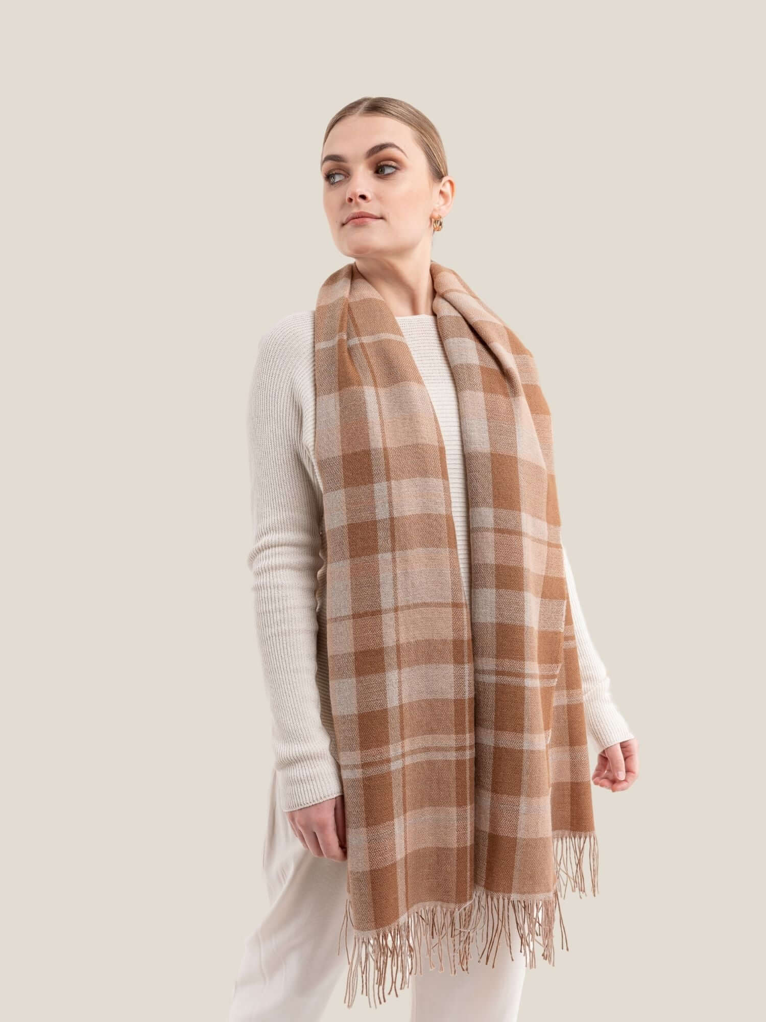 Camel Brown and Beige alpaca wool shawl draped to show full length and drape, plaid style