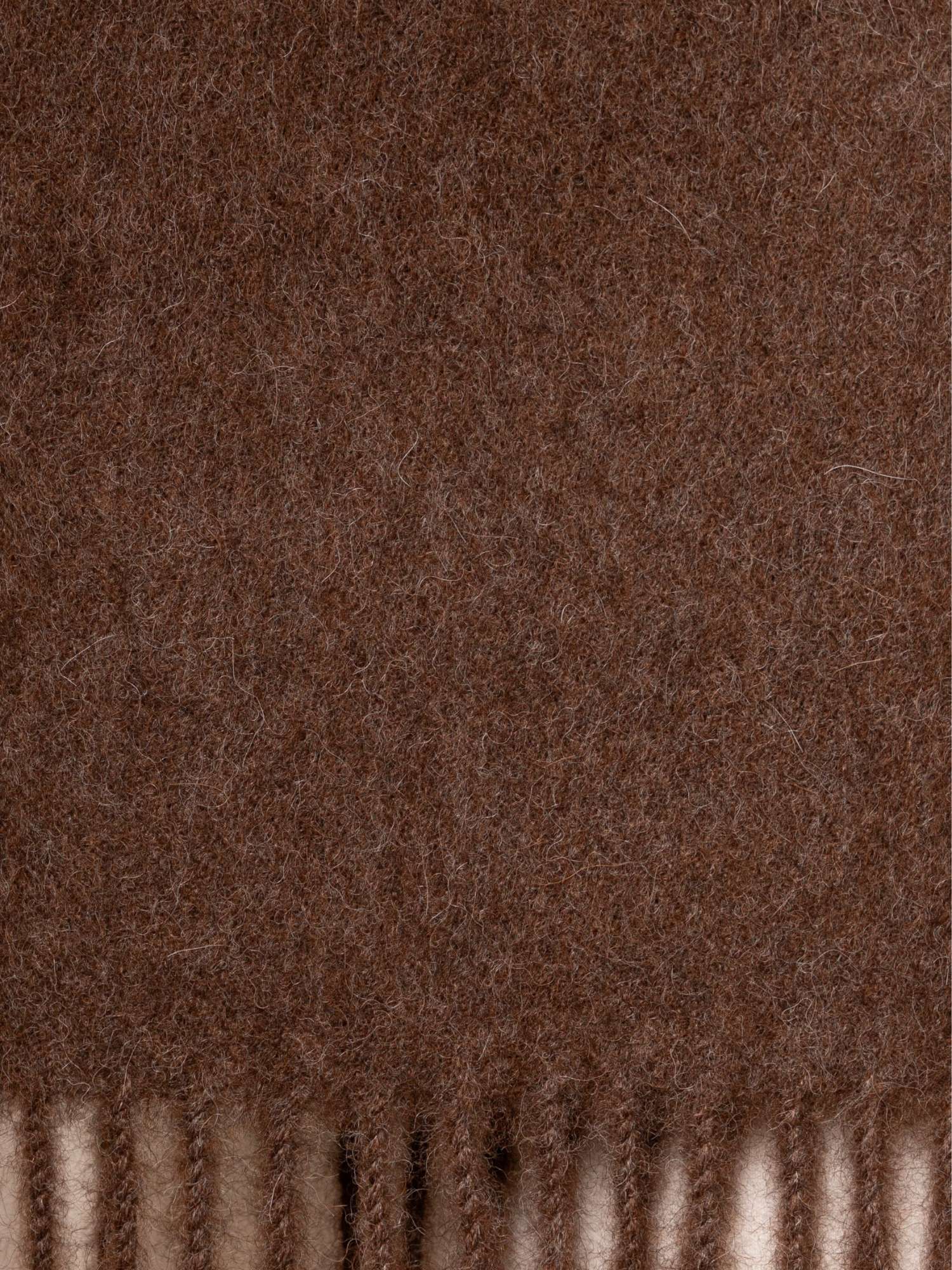 Close-up texture of brown baby alpaca scarf — undyed natural alpaca fibre, fringed ends | Orange Inca