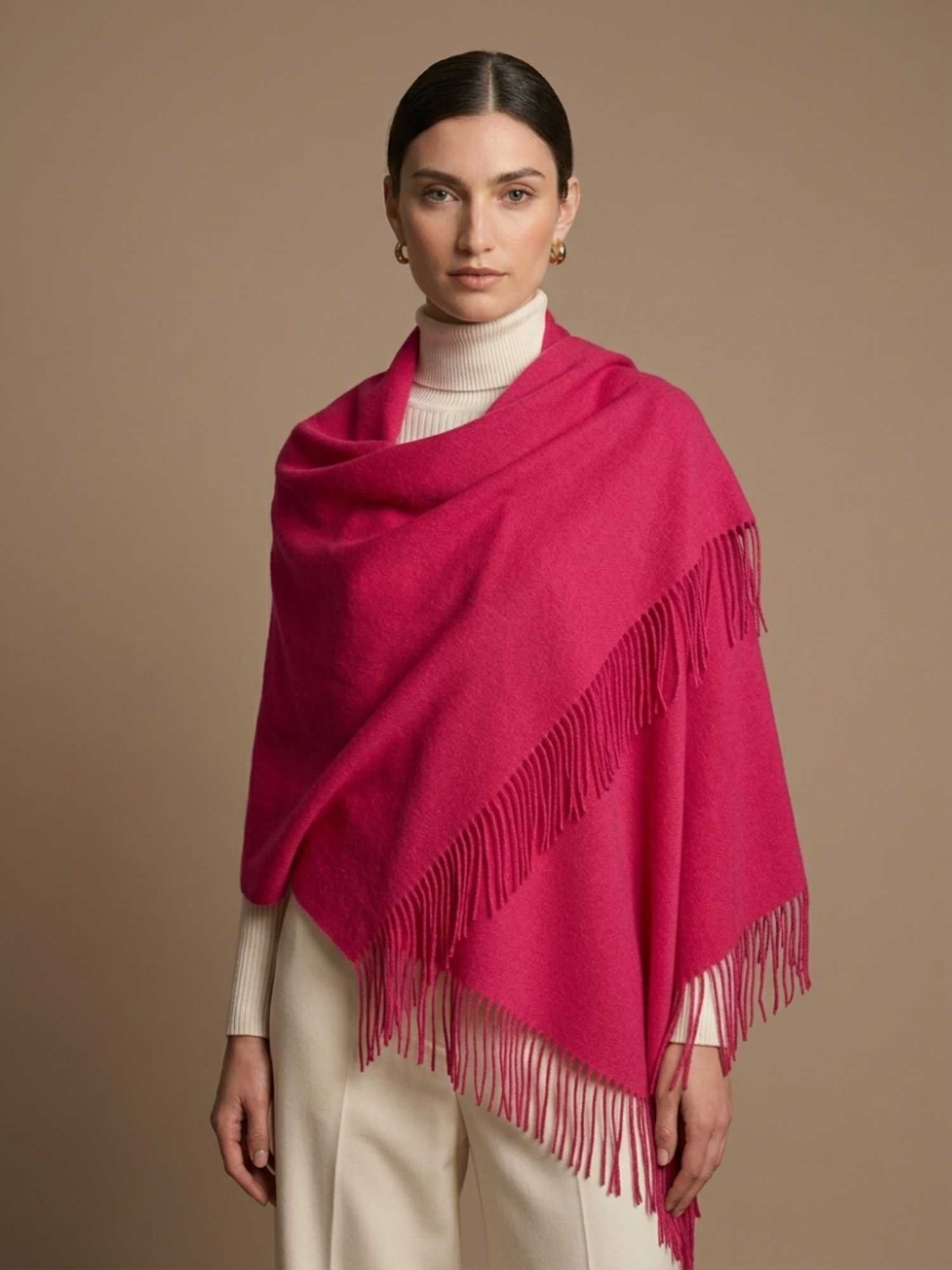 Fuchsia baby alpaca shawl worn as wrap – softer than cashmere, handmade in Peru | Orange Inca