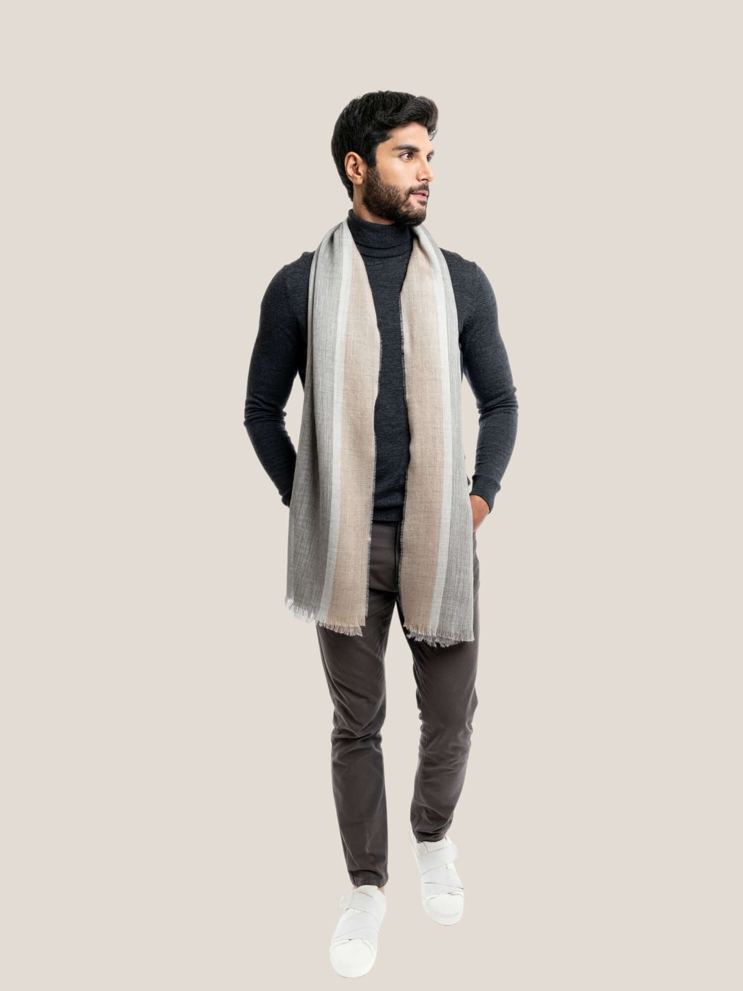 Shawls and wraps made from natural fibres: baby alpaca wool and silk. Brown and Grey