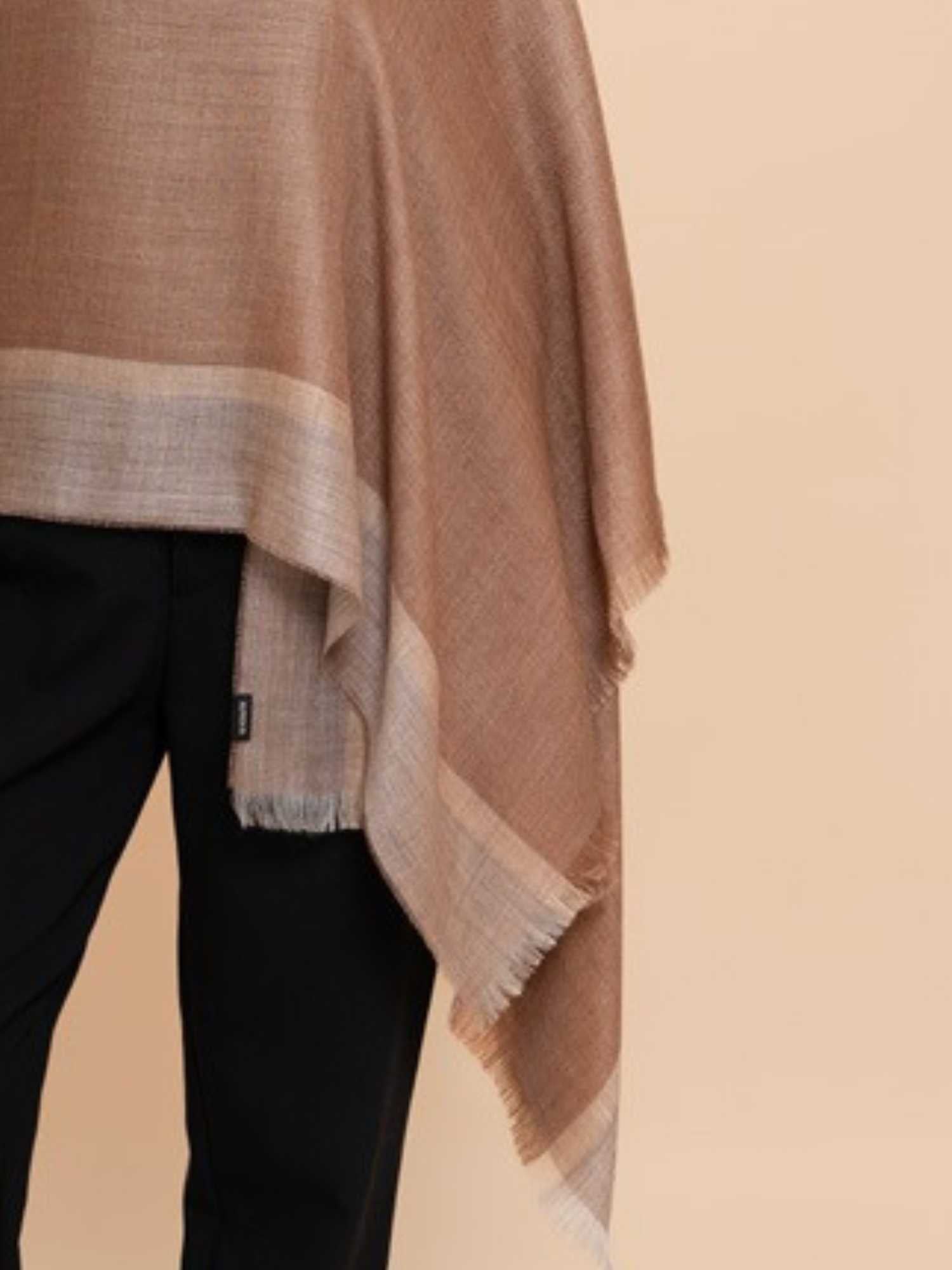 Close-up of brown and grey ombre baby alpaca and silk shawl – undyed gradient and fringed edge | Orange Inca