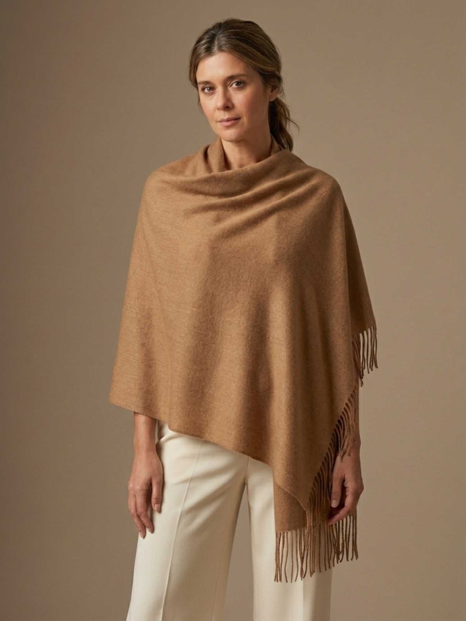Camel baby alpaca and silk shawl worn as wrap – sateen finish, handmade in Peru | Orange Inca