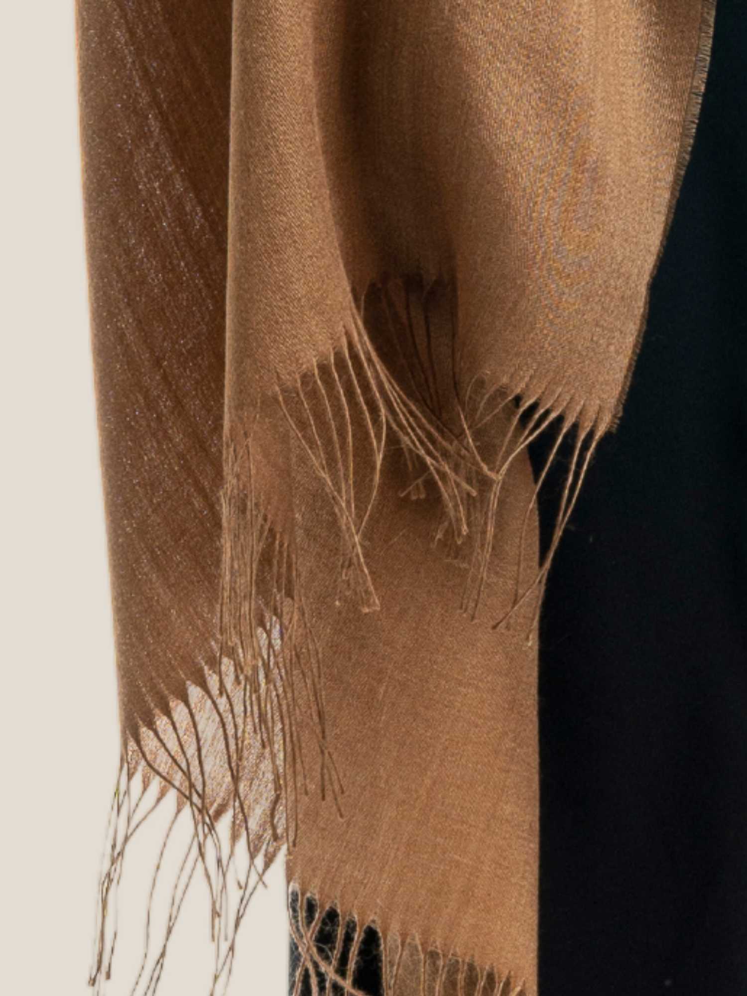 Camel baby alpaca and silk shawl draped to show full length and luminous sateen finish | Orange Inca