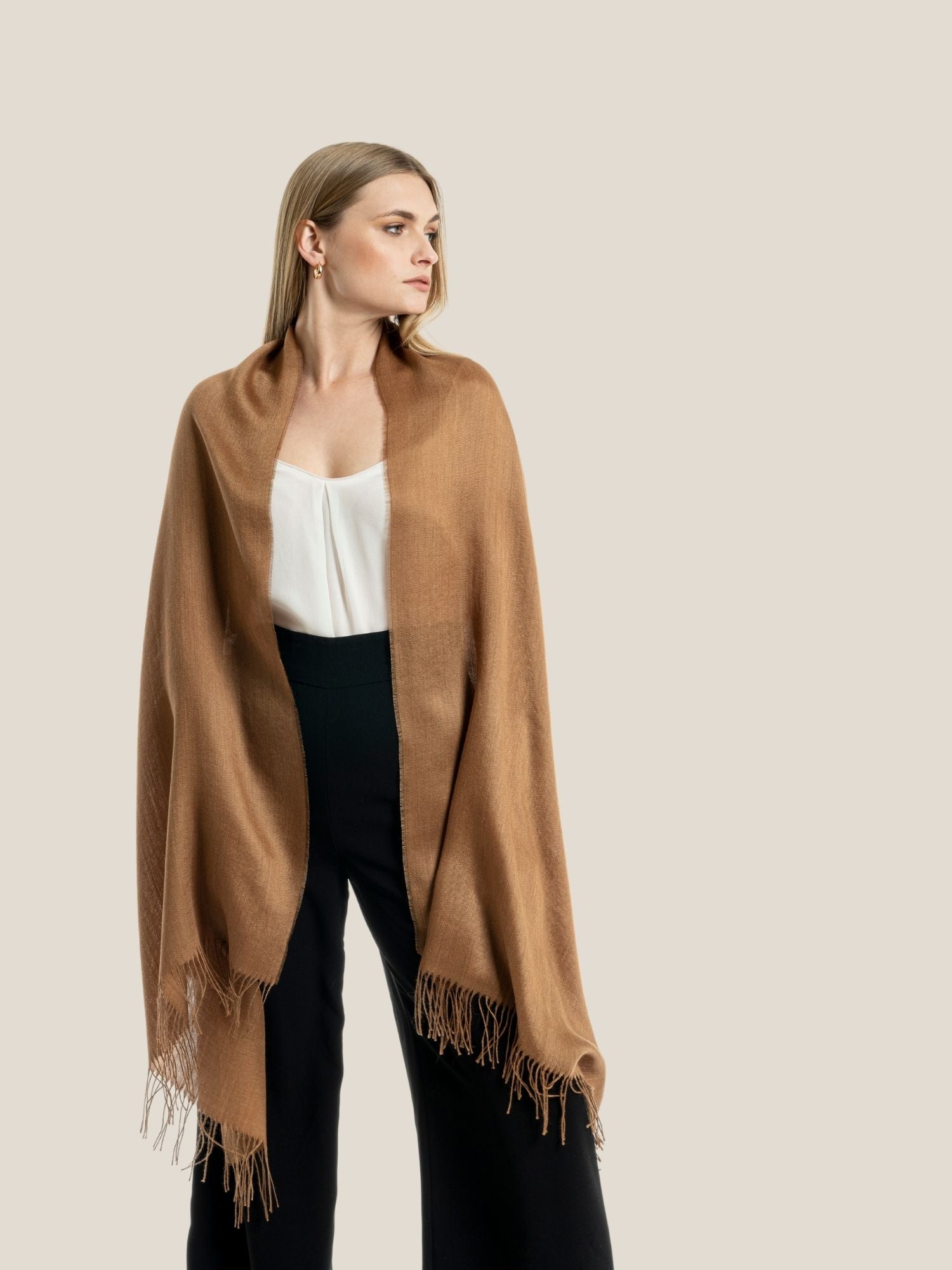 Premium baby alpaca wool and silk shawl in camel brown - luxury sustainable wrap