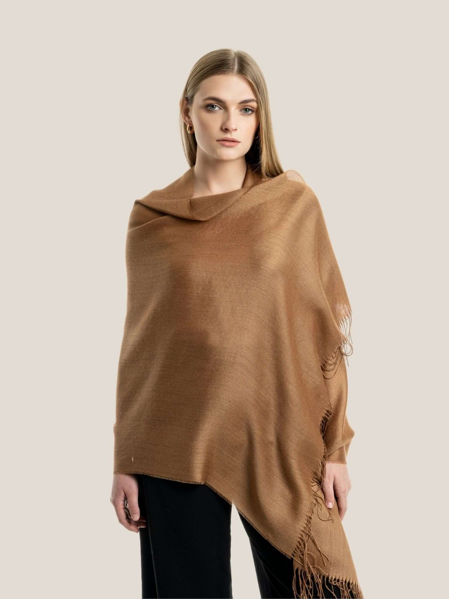 Camel Brown Luxury alpaca and silk blend shawl styled as elegant evening wrap for formal occasions