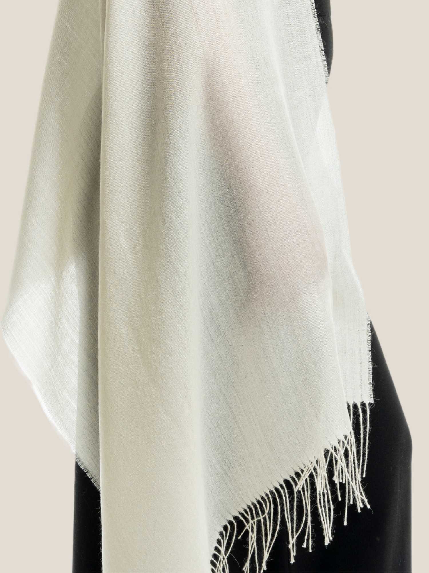 Ivory baby alpaca and silk shawl draped to show full length – luminous sateen finish | Orange Inca
