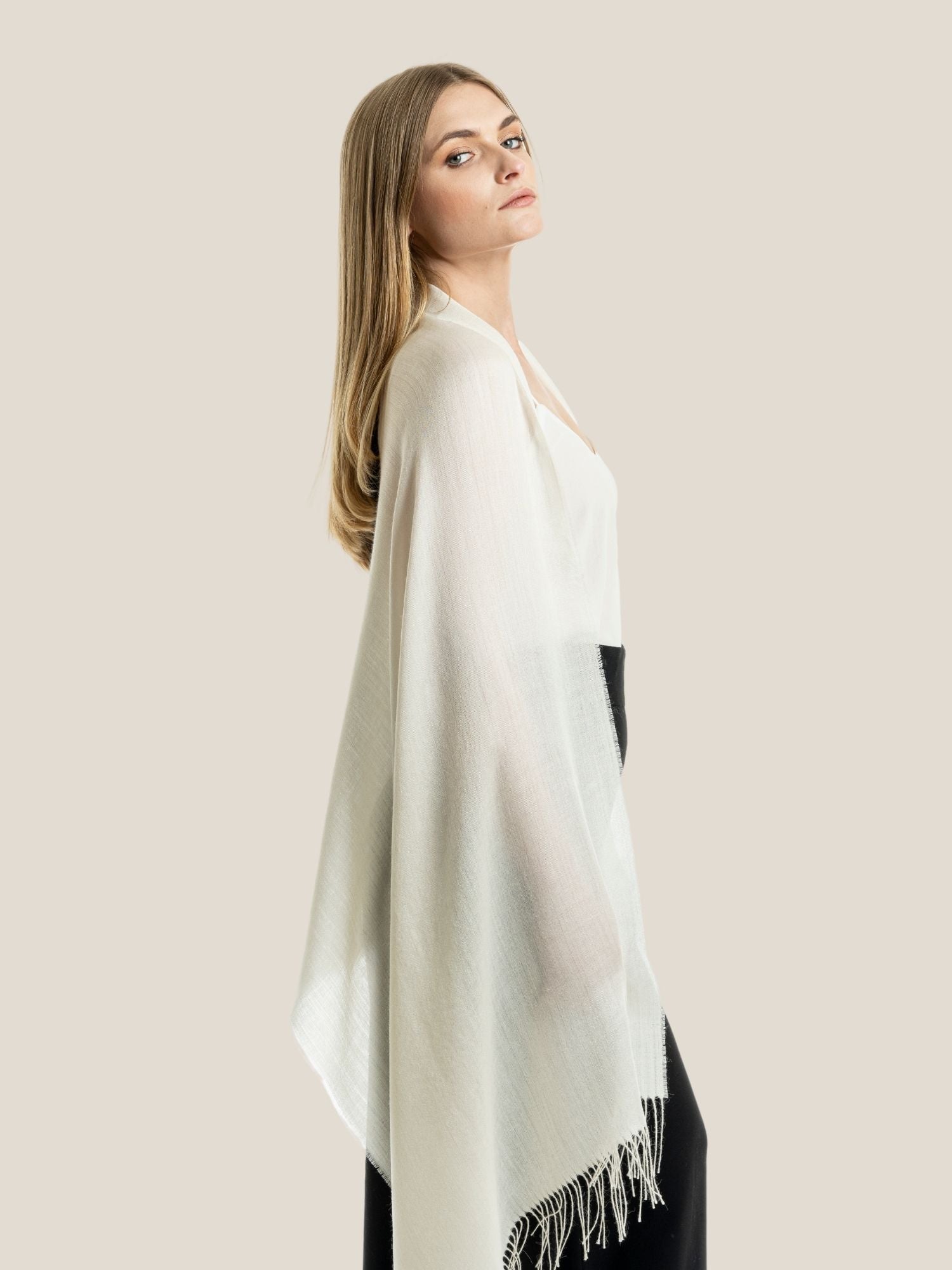 Premium baby alpaca wool and silk shawl in white - luxury sustainable wrap