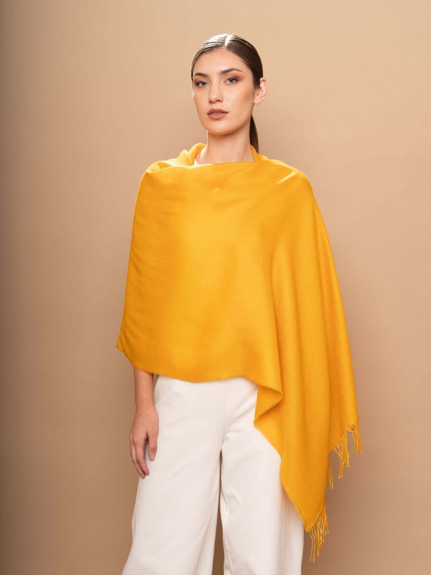 Yellow Luxury alpaca and silk blend shawl styled as elegant evening wrap for formal occasions