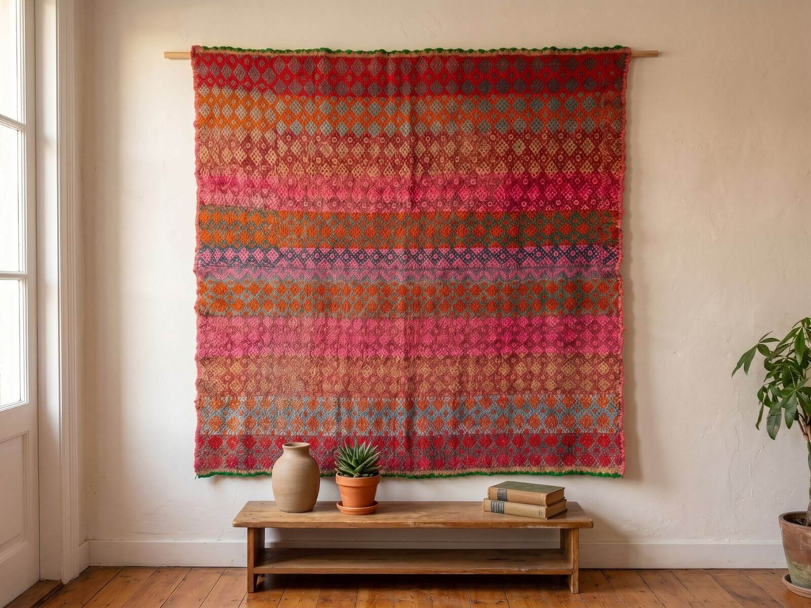 Peruvian frazada hung on a white wall as textile art — vintage handwoven Andean blanket displayed as a wall hanging