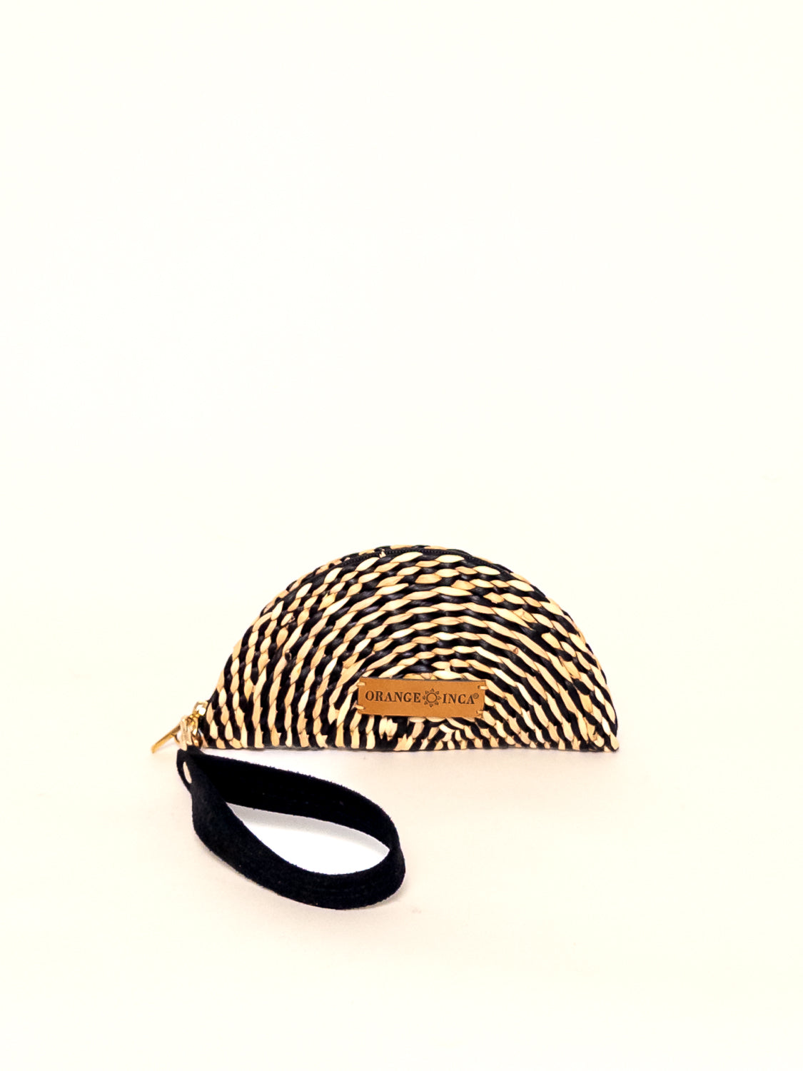 Gran Fiesta Coin Purse – Faux Suede Strap in black and beige, handwoven design, zip closure, detachable faux suede strap.