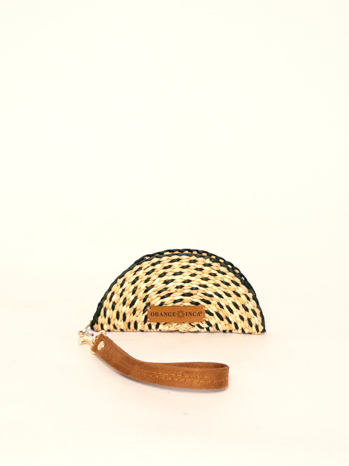 Gran Fiesta Coin Purse – Faux Suede Strap, handwoven design, tan and black, removable faux suede strap, zip closure.