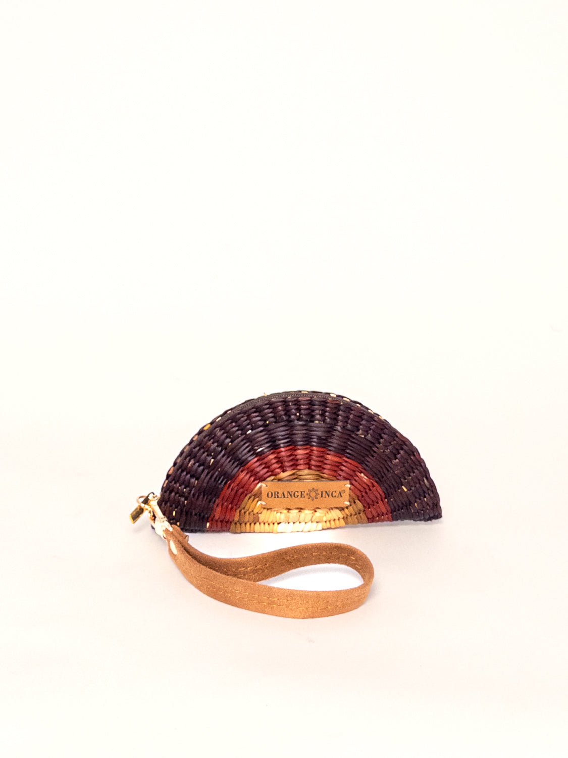 Gran Fiesta Coin Purse – Faux Suede Strap, handwoven design, brown tones, zip closure, detachable strap.