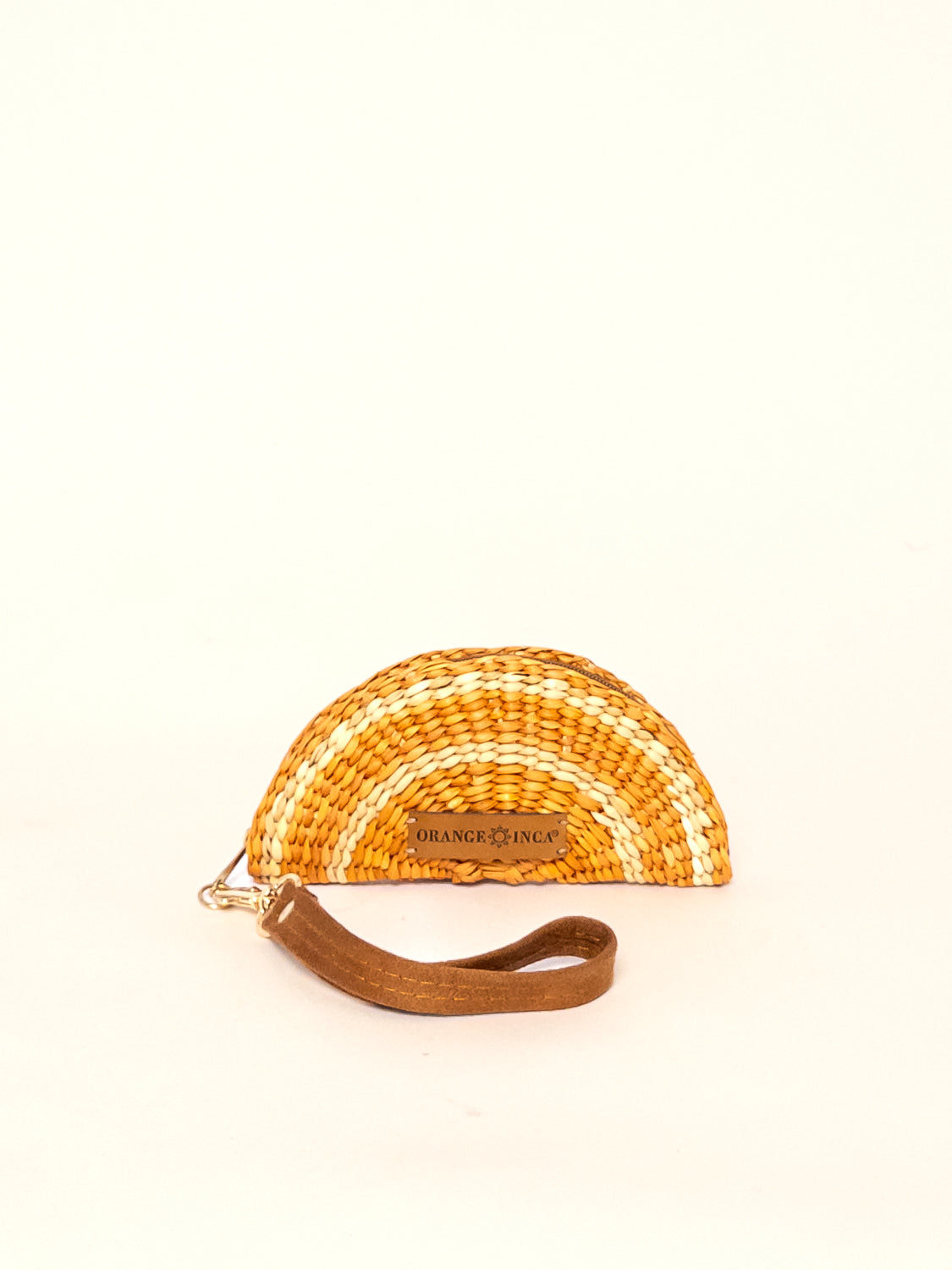 Gran Fiesta Coin Purse – Faux Suede Strap, handwoven jute coin pouch, orange and white pattern, detachable faux suede strap.