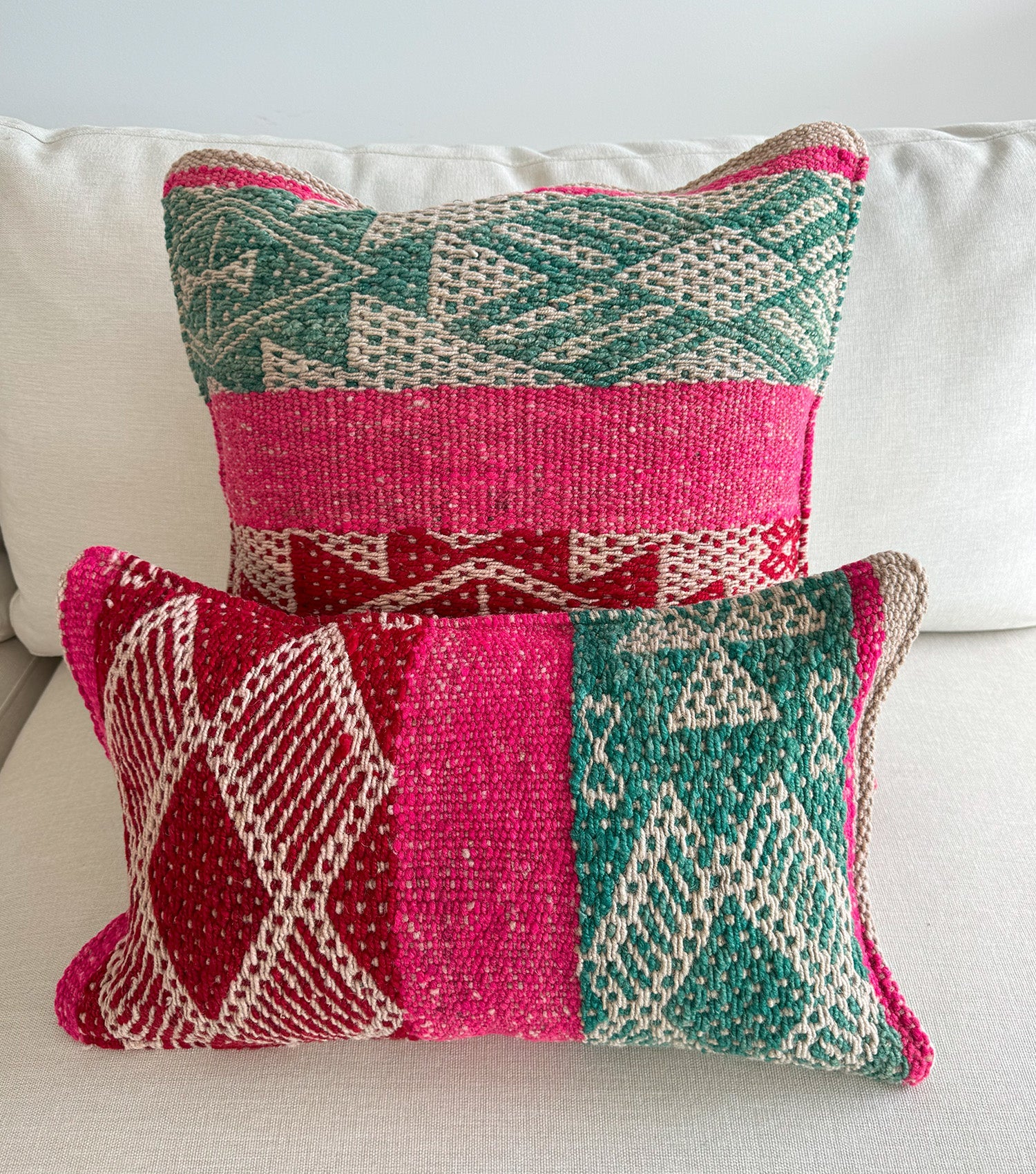 Handwoven rectangular throw pillow 50x30 No.21 with feather insert - bohemian wool cushion for couch or bed