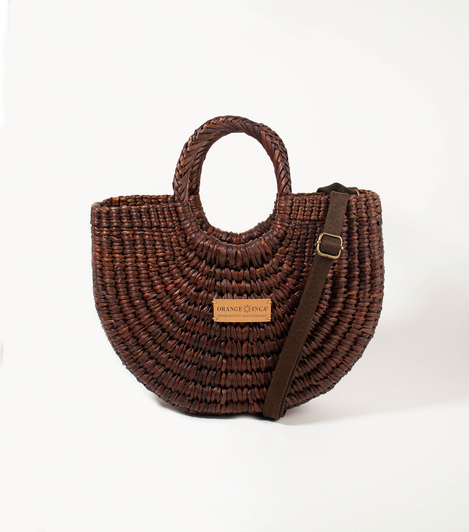 Fiesta front view - Showcases vibrant Brown junco weave with a luxe vegetable leather strap, embodying sophisticated playfulness.