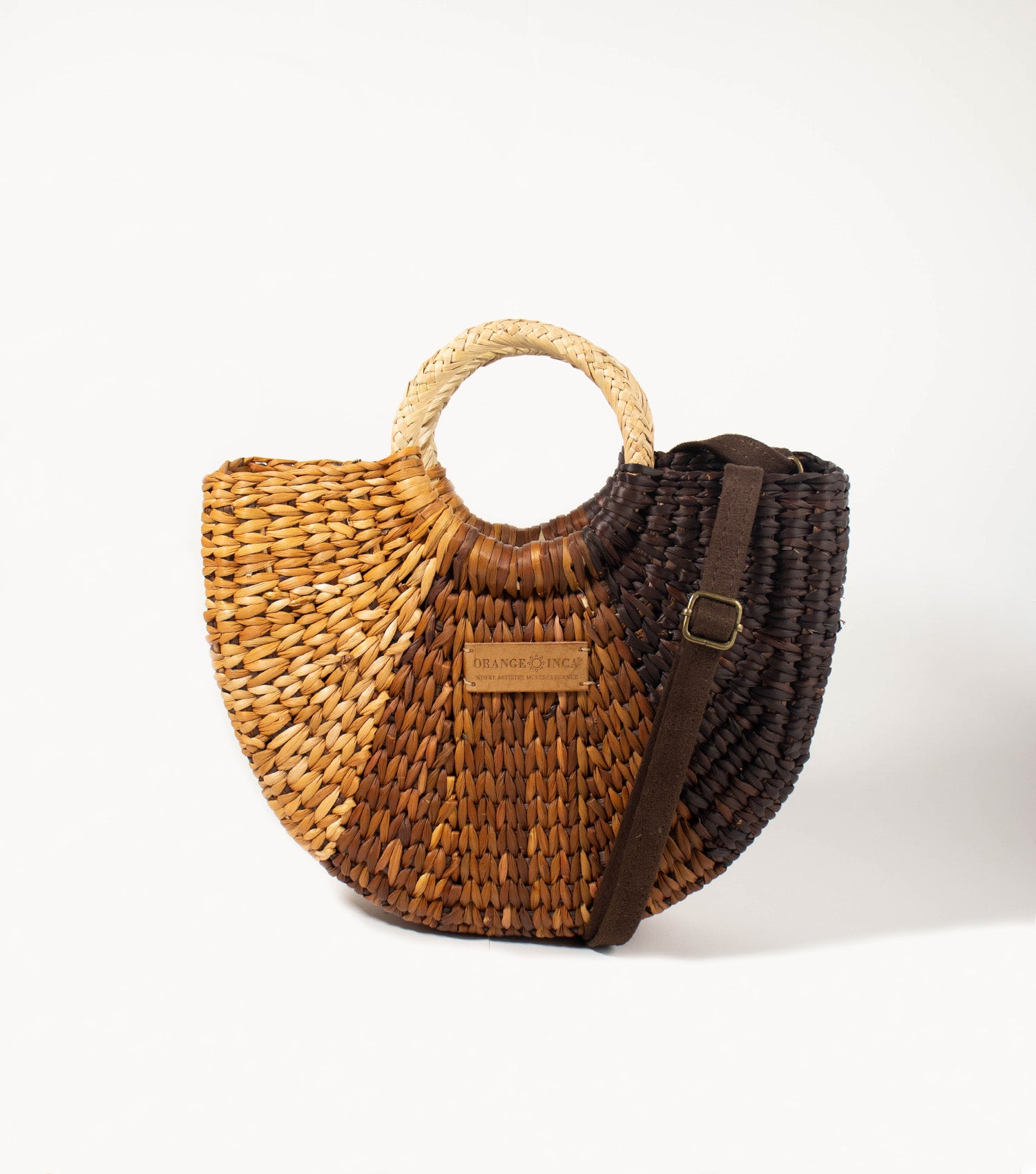 Fiesta front view - Showcases vibrant Brown Gradient junco weave with a luxe vegetable leather strap, embodying sophisticated playfulness.