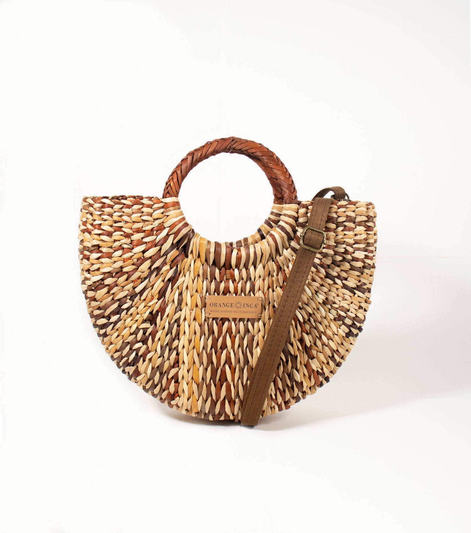 Fiesta front view - Showcases vibrant Brown and Natural Marbled junco weave with a luxe vegetable leather strap, embodying sophisticated playfulness.