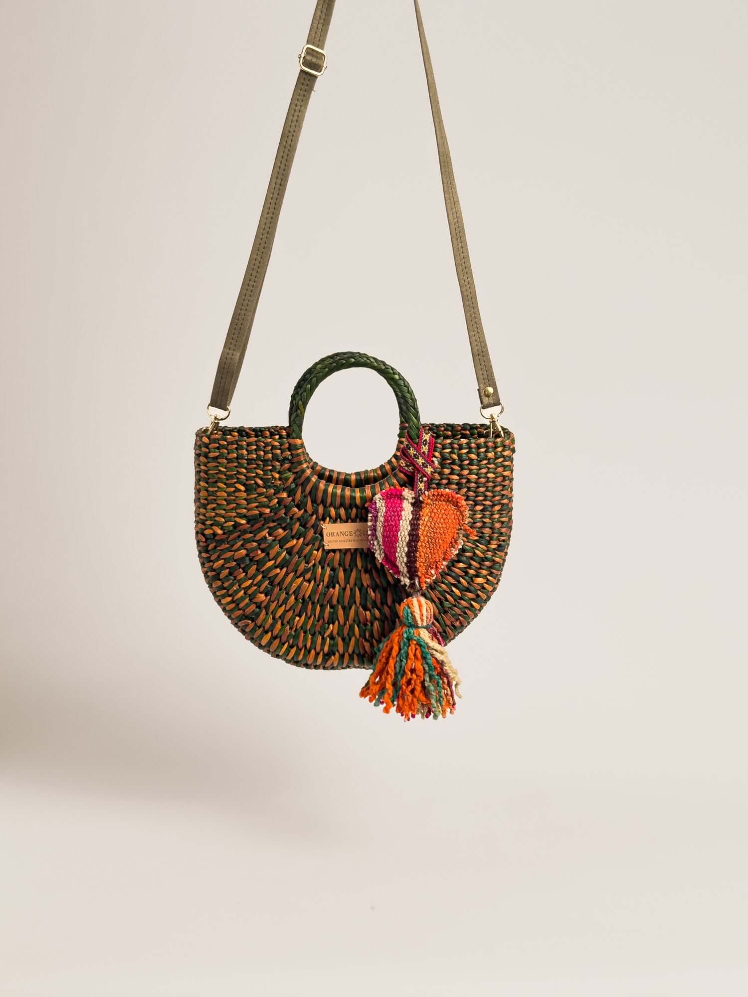 Orange Inca everyday crossbody bag with artisanal tassel and strap |Marbled Olive Green Camel