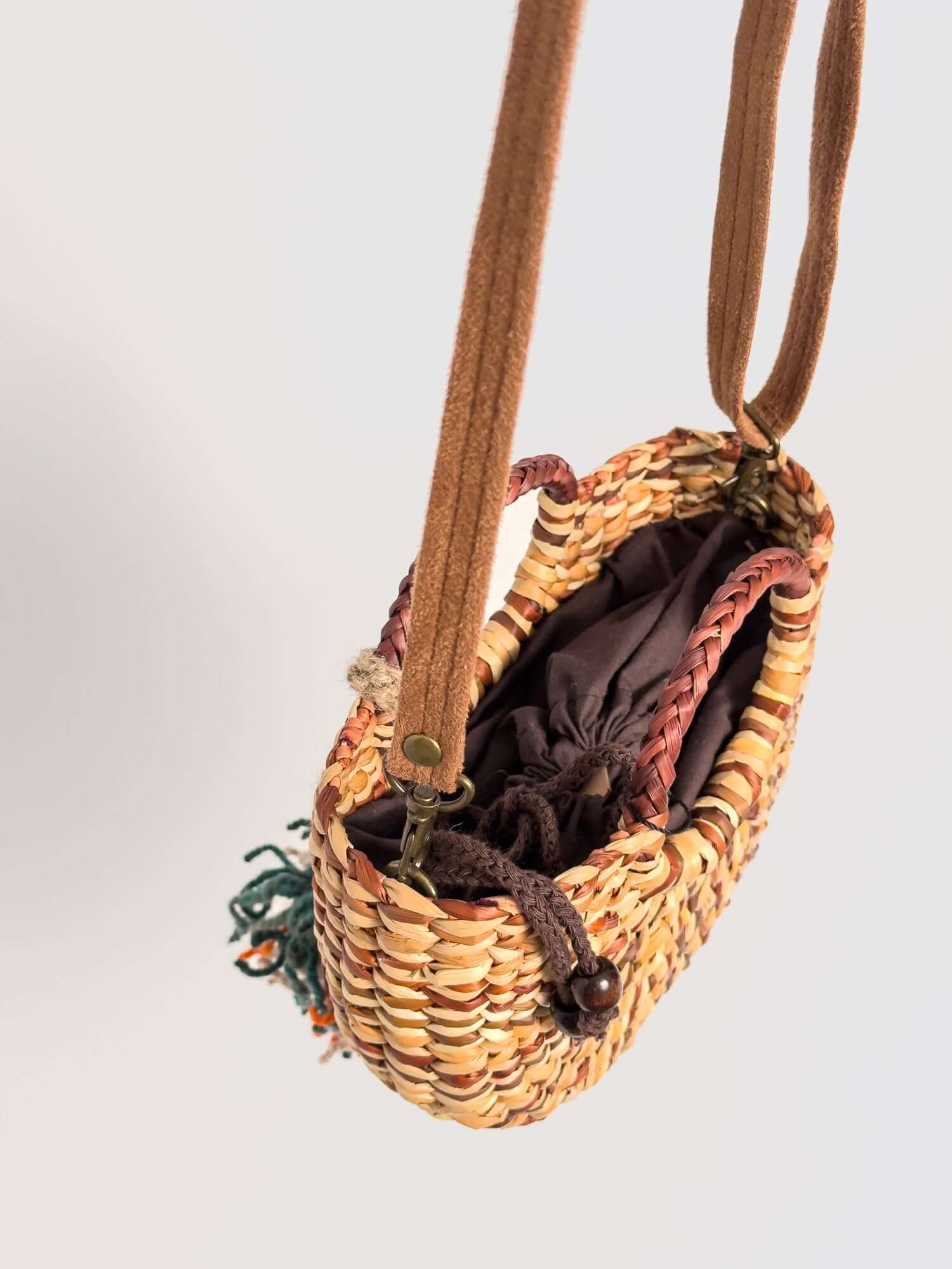 Inside Fiesta Mini reed crossbody bag with drawstring closure |Marbled Brown