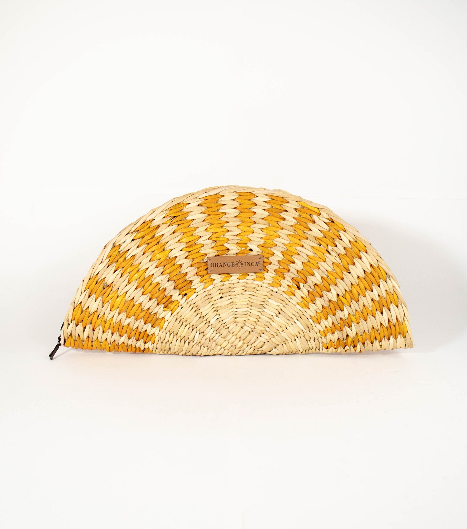 Flamenco Classic Clutch front view - vibrant design with intricate craftsmanship, showcasing Natural and Yellow tones, and Orange Inca logo on vegetable leather.