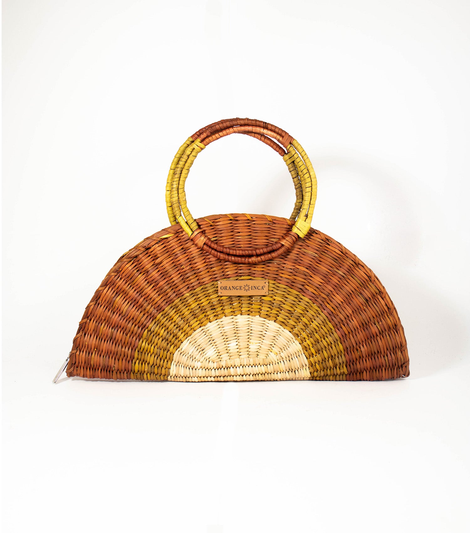 Flamenco Swing front view - showcasing vibrant Brown, Yellow and Natural  tones and intricate craftsmanship, complemented by the Orange Inca logo on vegetable leather.