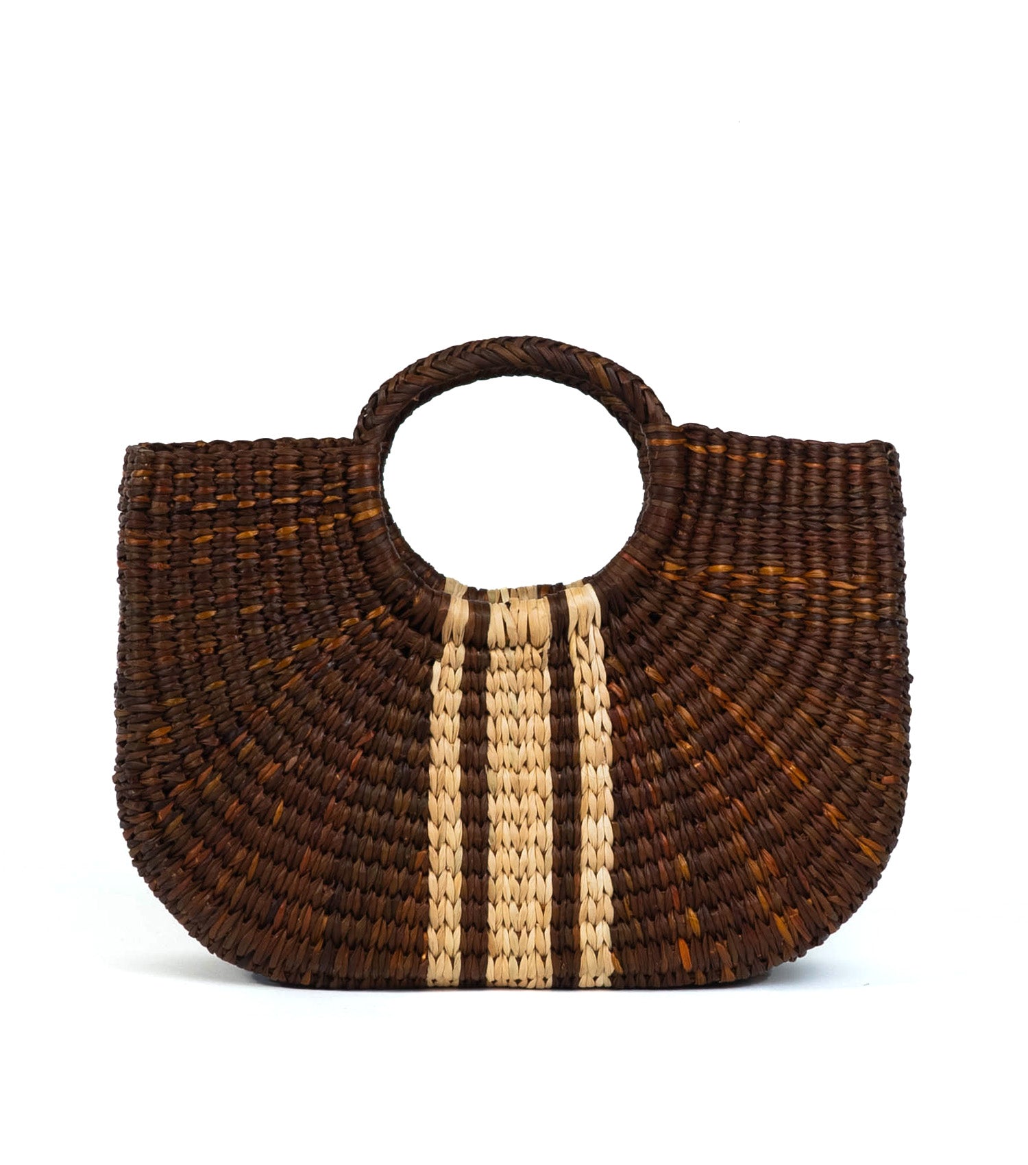 Handcrafted Gran Fiesta junco reed tote - artisanal summer bag | Brown with White Stripes