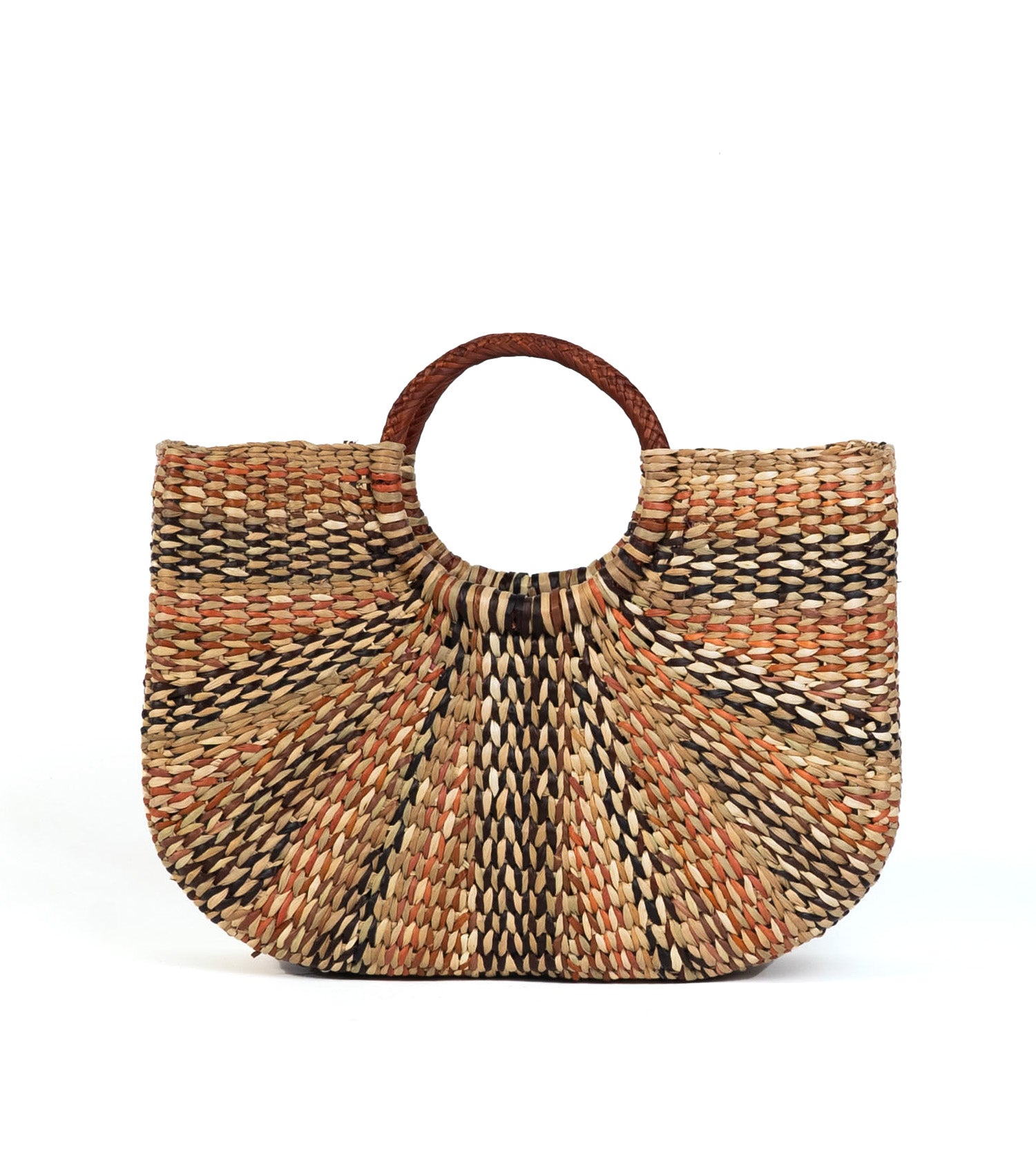 Handcrafted Gran Fiesta junco reed tote - artisanal summer bag | Brown, Black and Natural Marbled