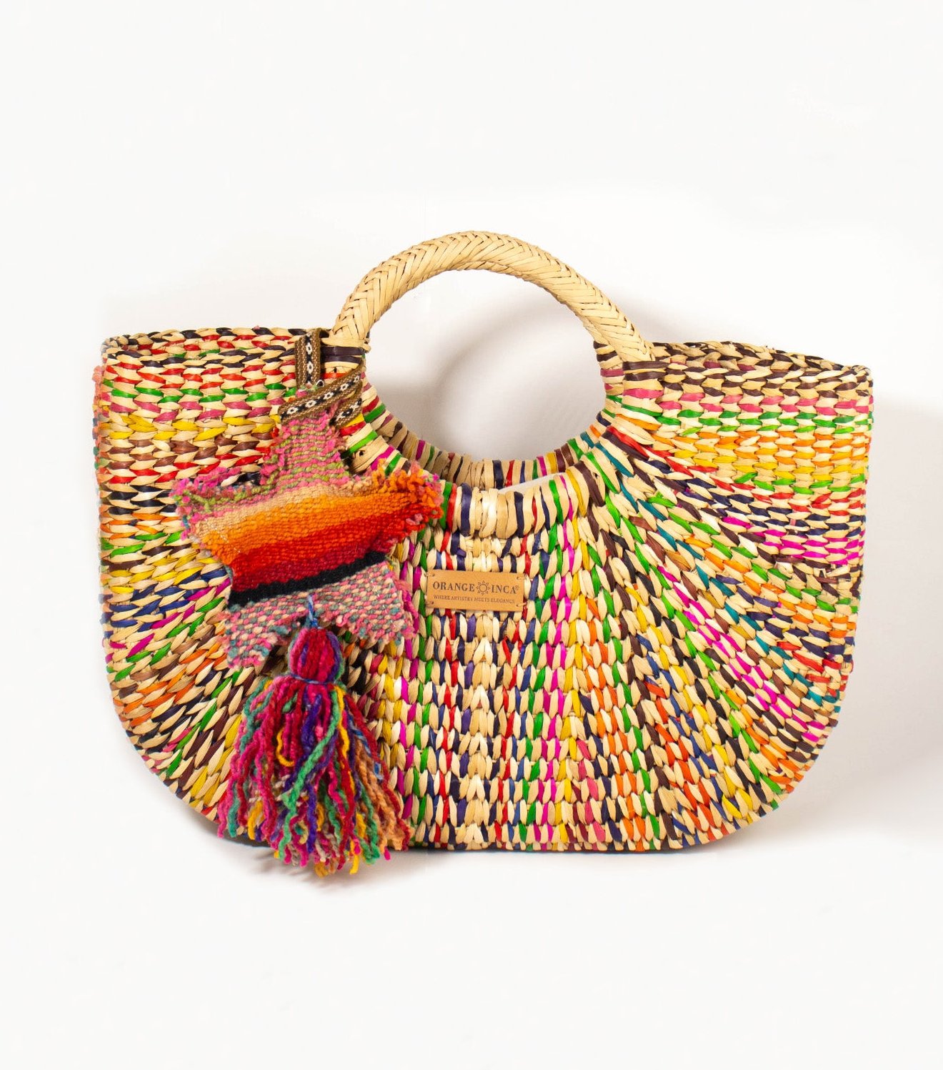 Orange Inca Gran Fiesta luxury straw tote with tassel - bohemian beach bag | Natural and Multicolour Marbled