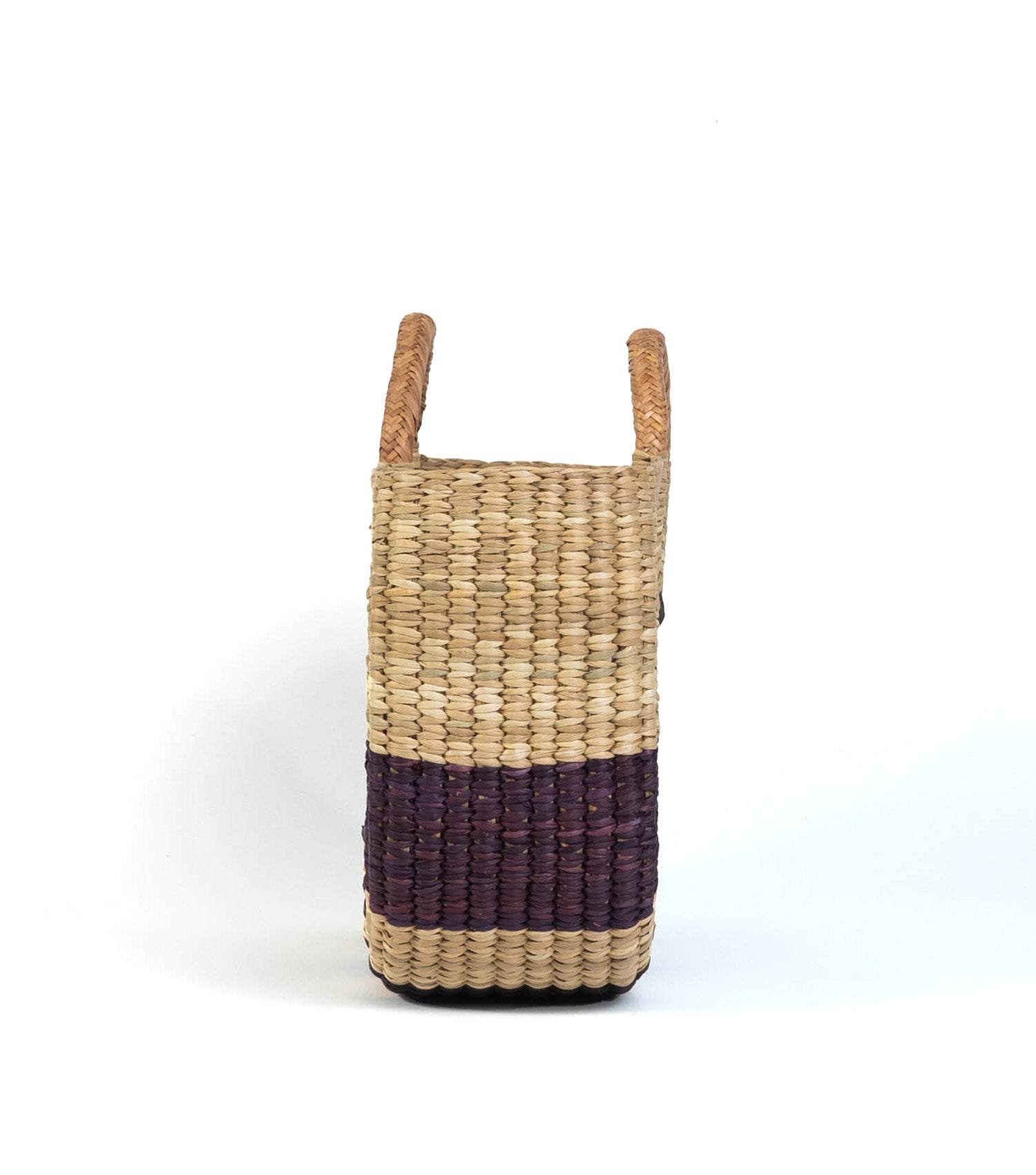 Side profile of Gran Fiesta straw tote - artisanal summer bag | Natural with Burgundy, Maroon and Brown Thick Stripes